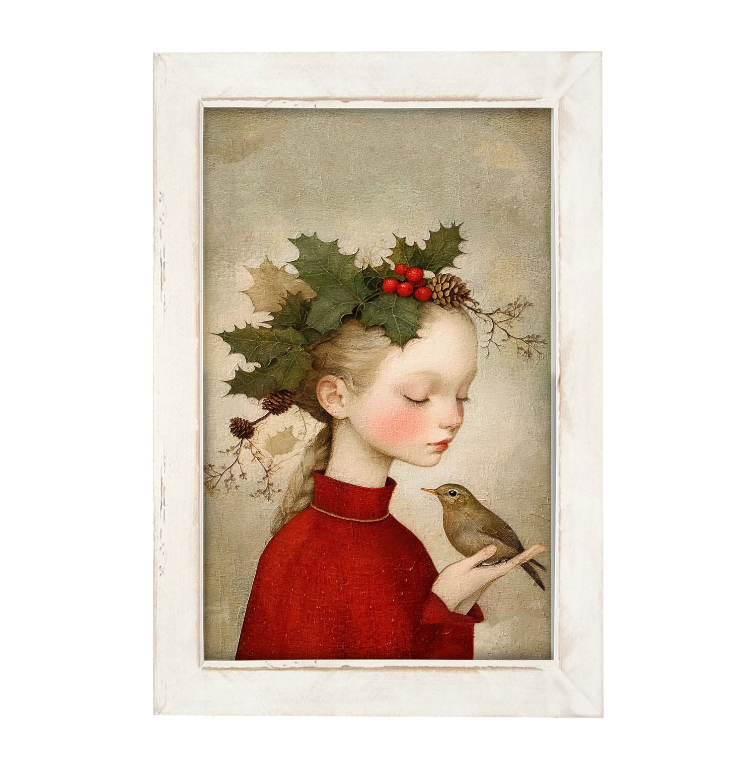 Girl with Holly and Bird - Framed Art
