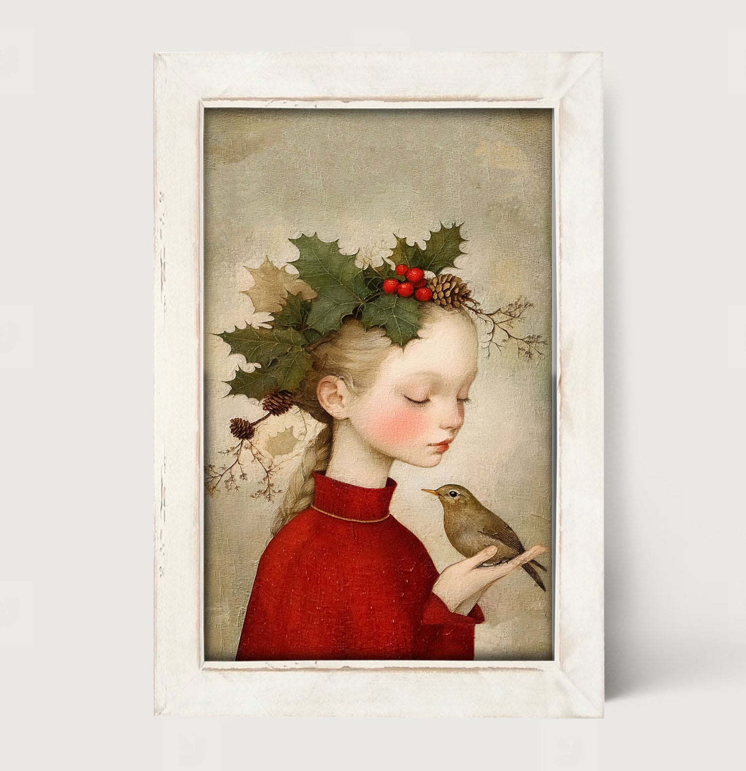 Girl with Holly and Bird - Framed Art