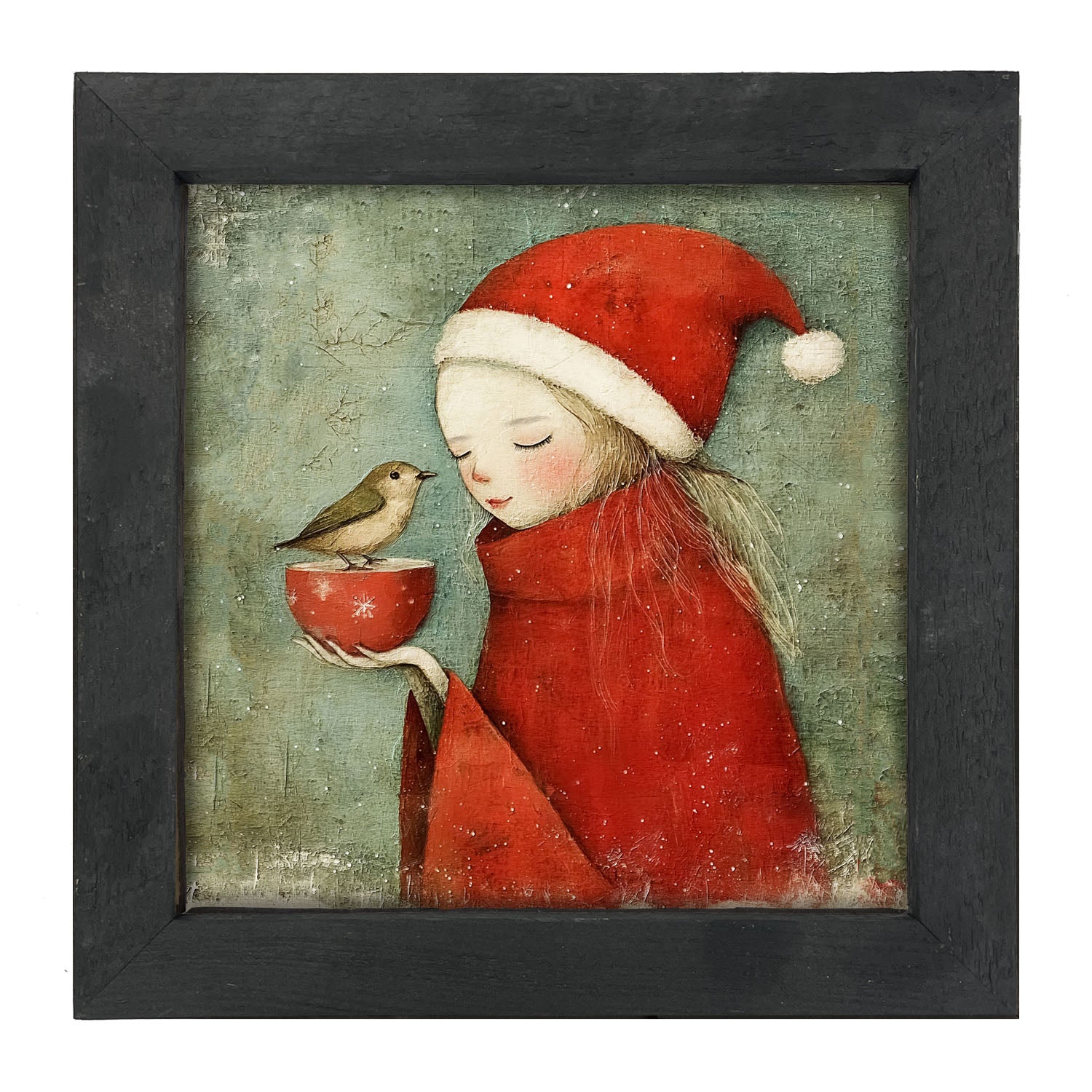 Rustic Christmas girl and bird - Framed Art