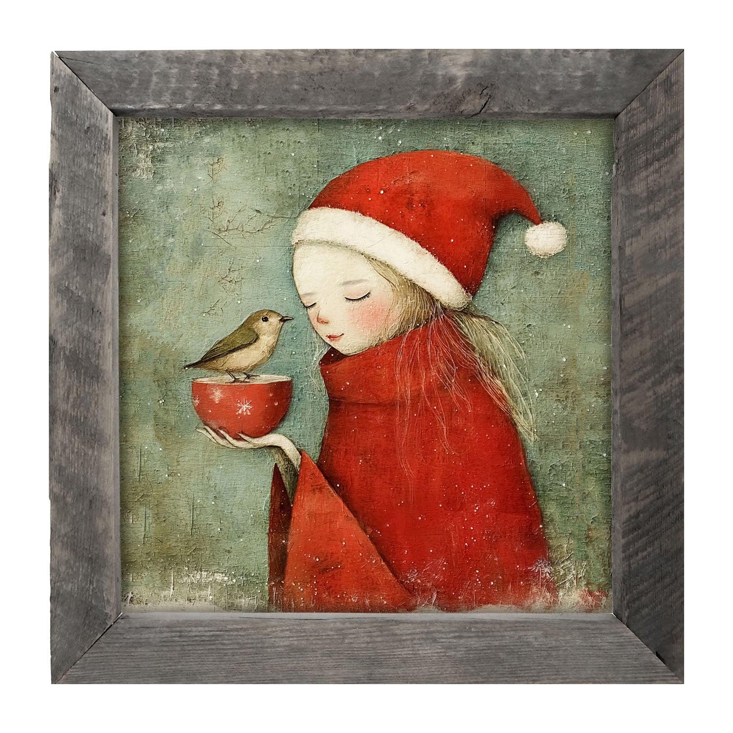 Rustic Christmas girl and bird - Framed Art