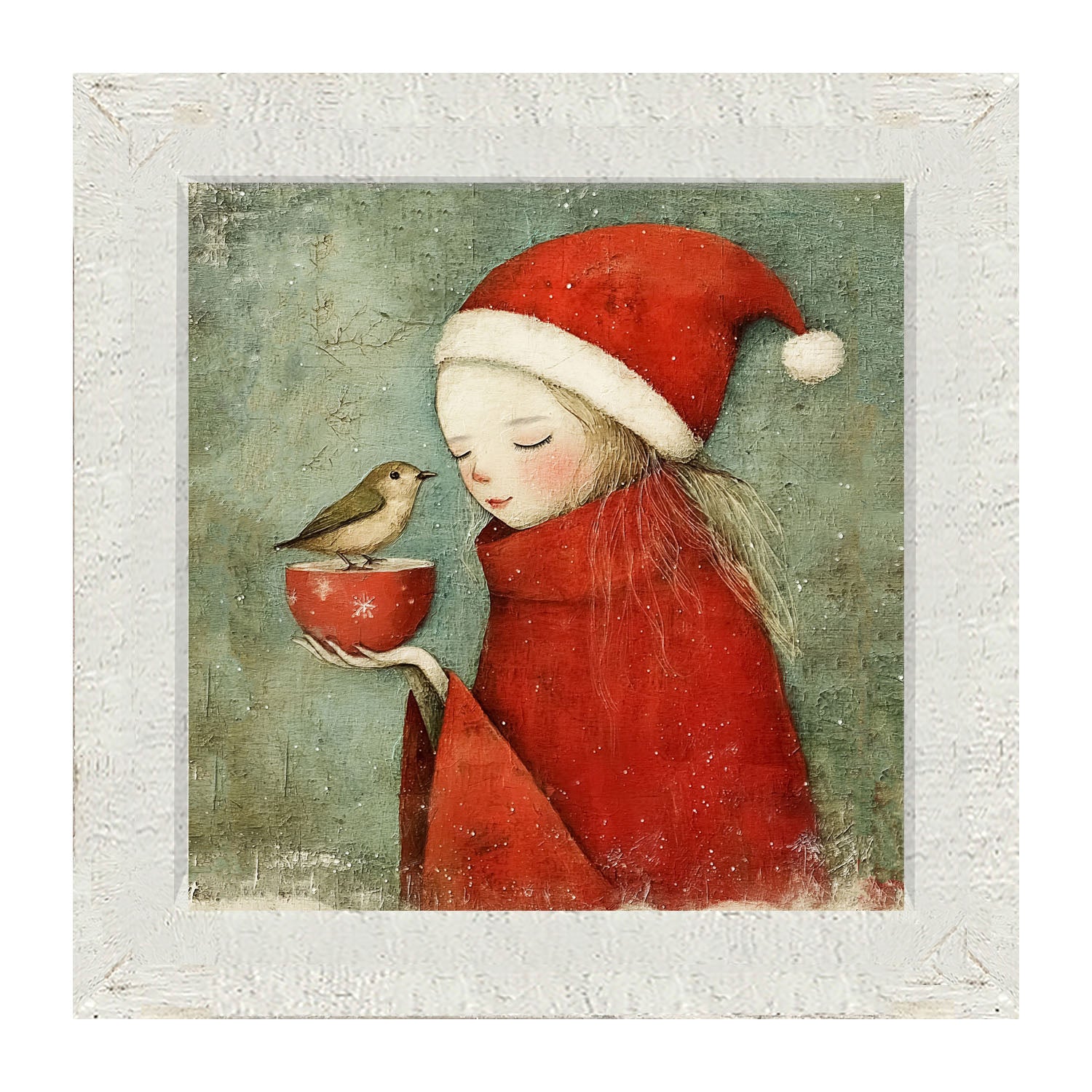 Rustic Christmas girl and bird - Framed Art