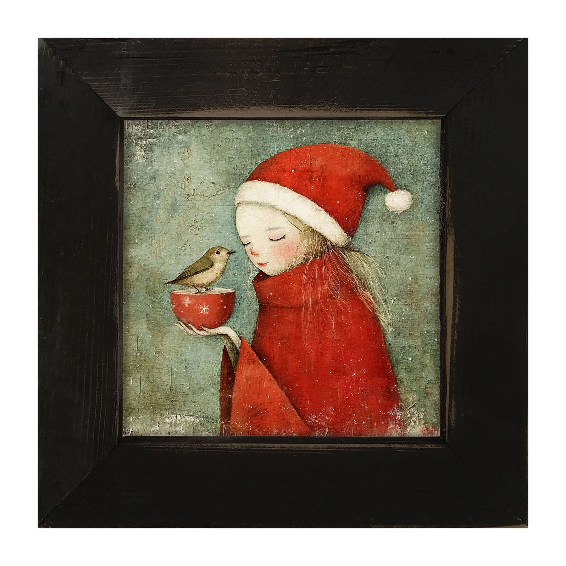 Rustic Christmas girl and bird - Framed Art