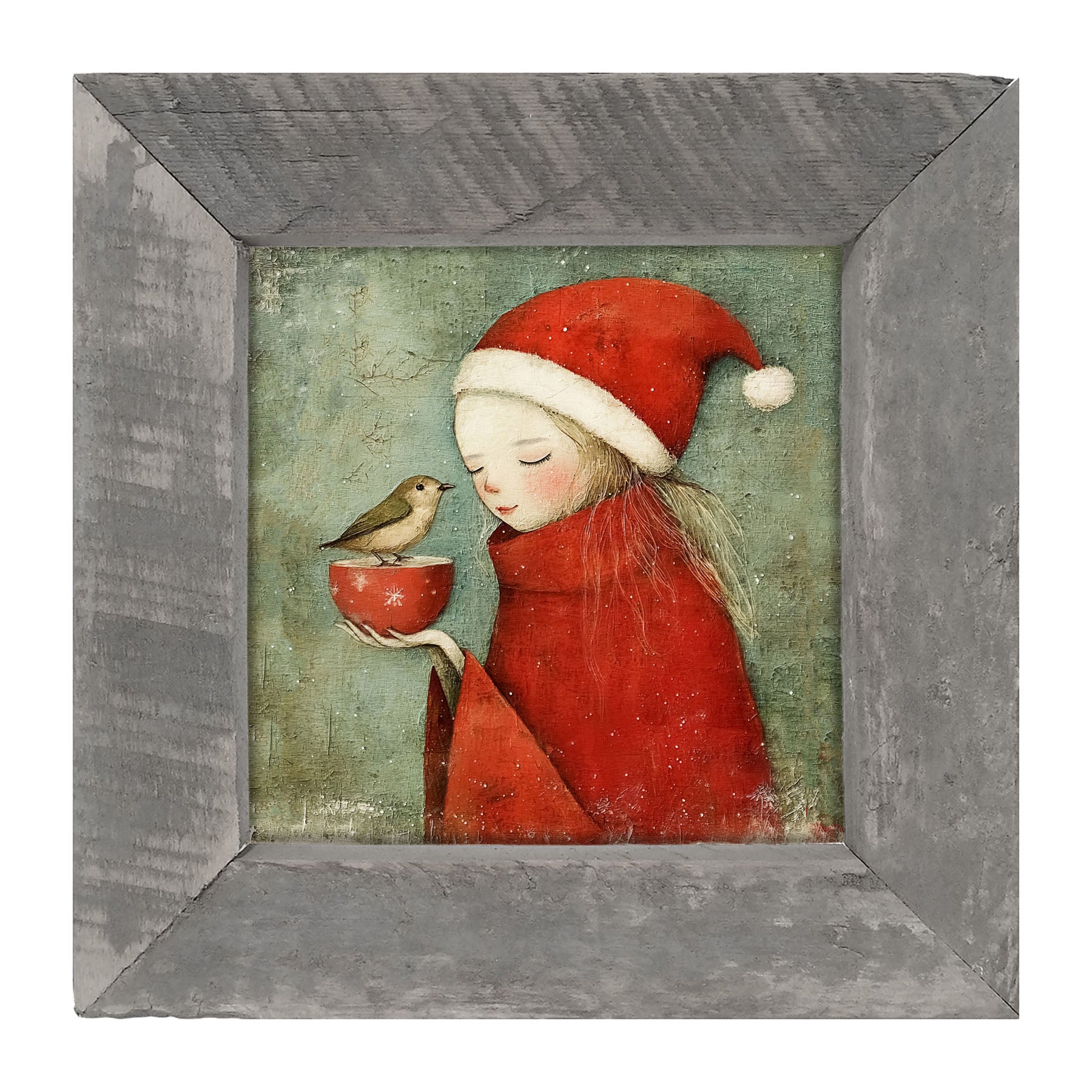 Rustic Christmas girl and bird - Framed Art