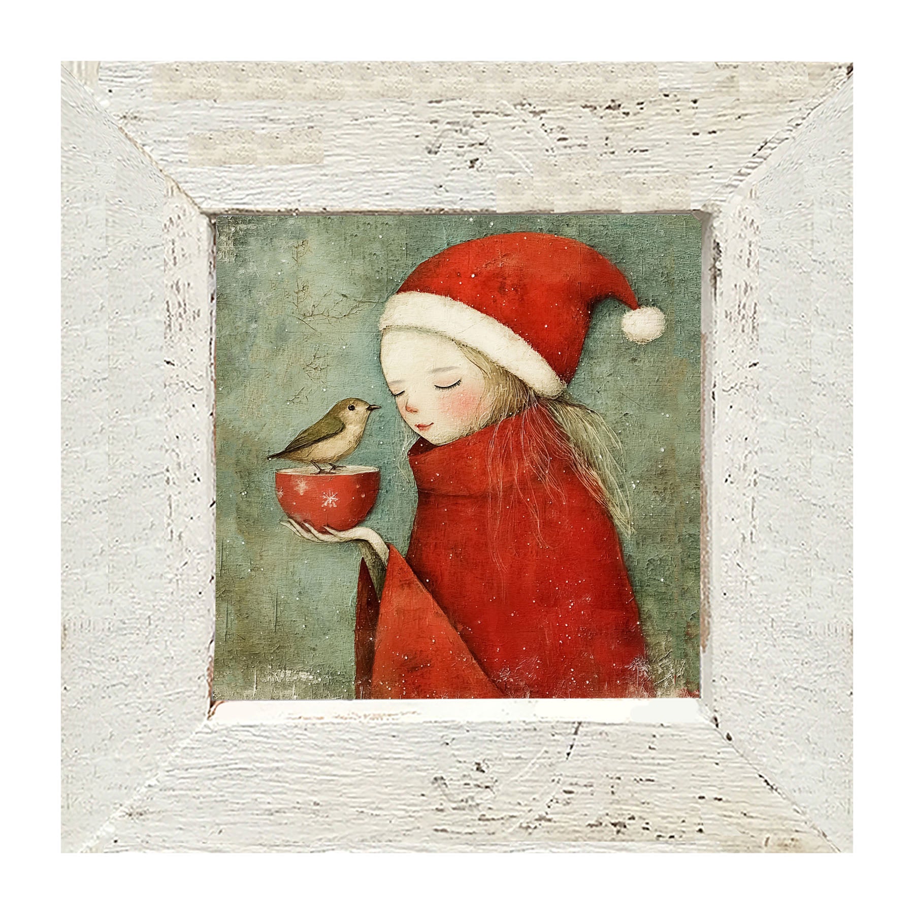 Rustic Christmas girl and bird - Framed Art