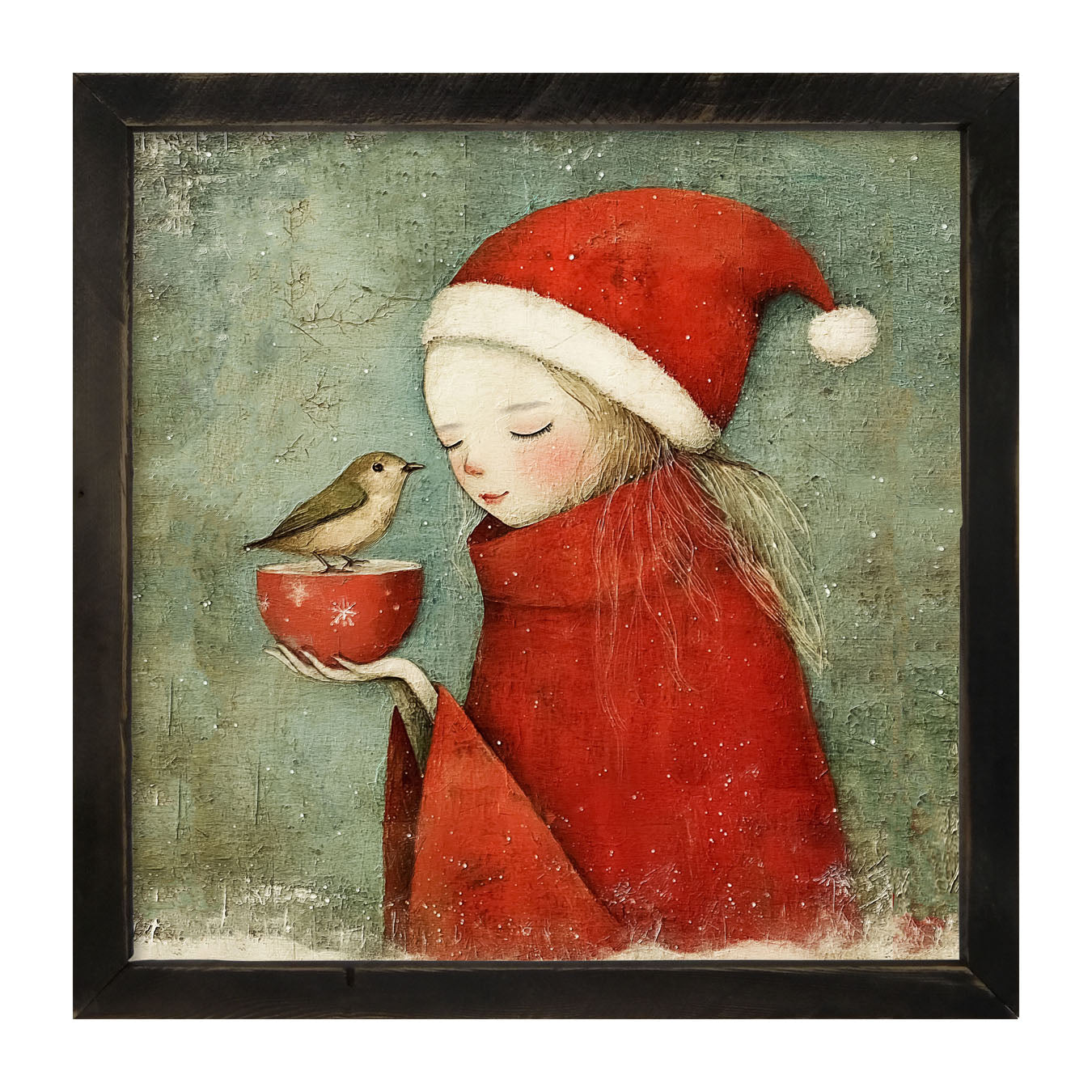 Rustic Christmas girl and bird - Framed Art