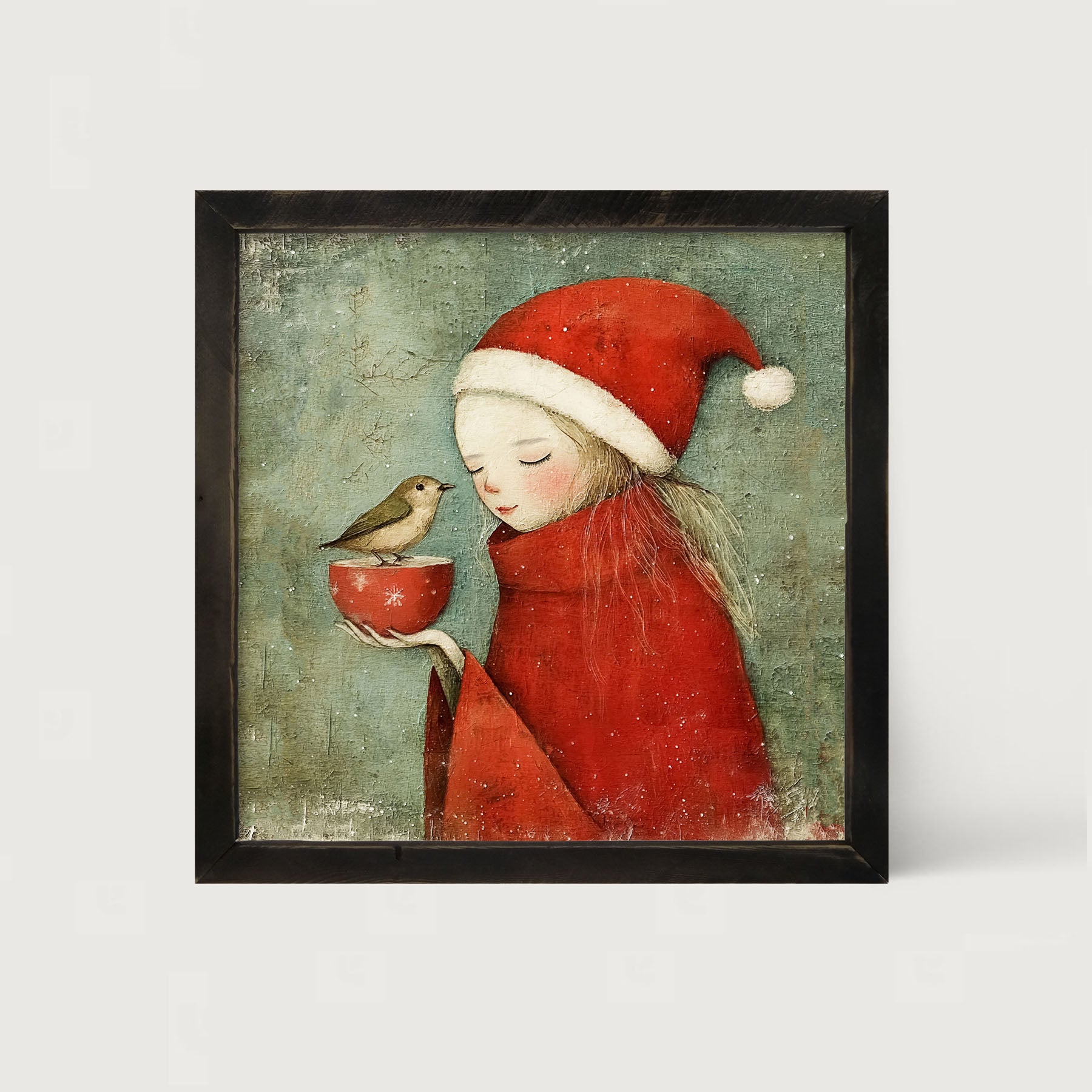 Rustic Christmas girl and bird - Framed Art