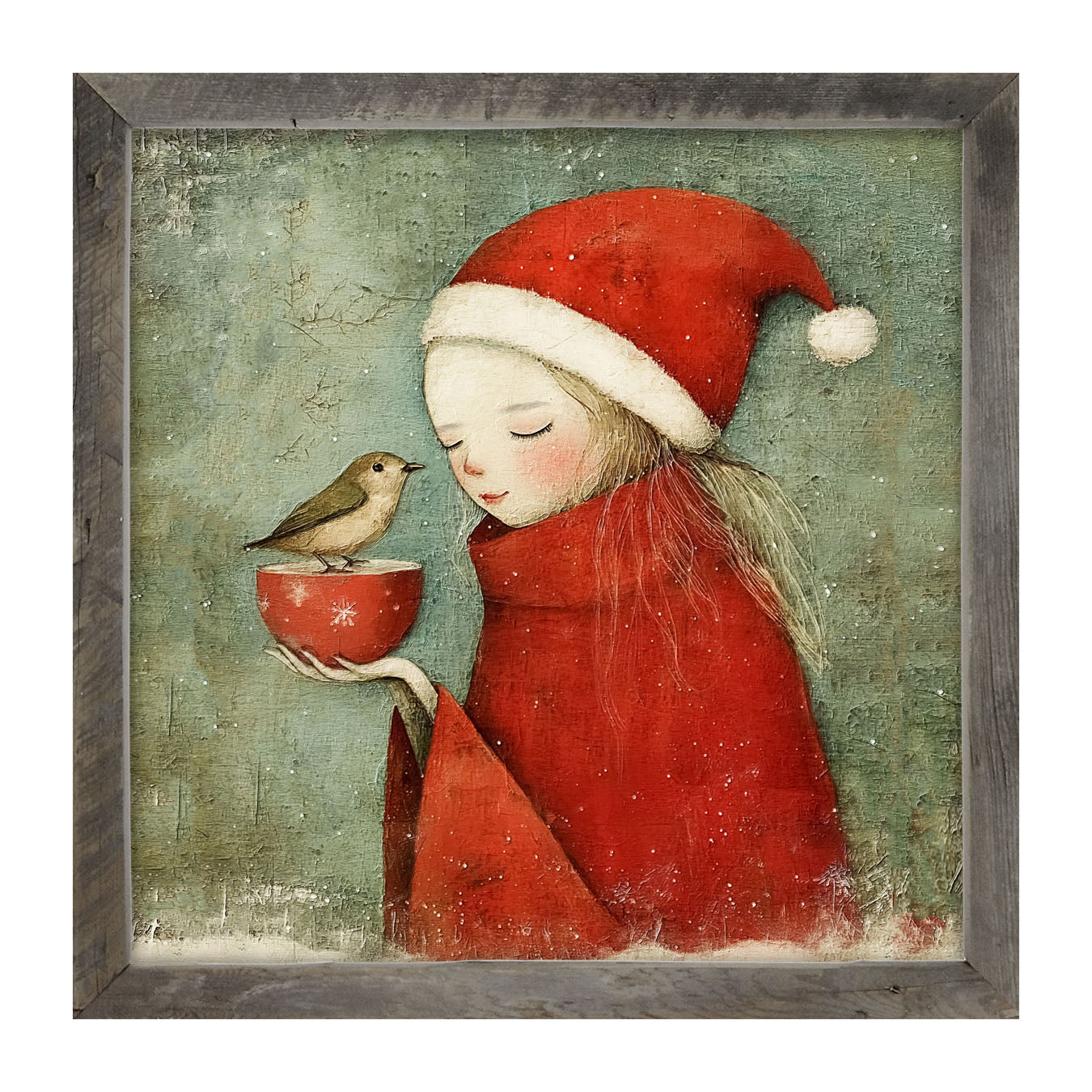Rustic Christmas girl and bird - Framed Art