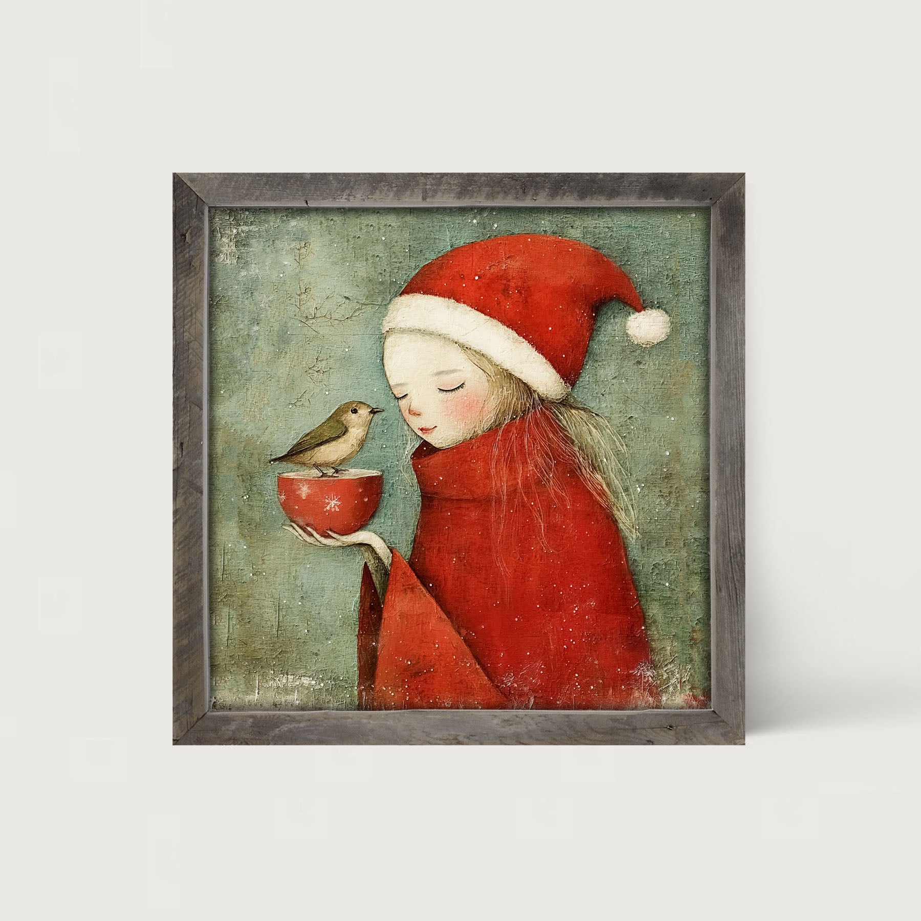 Rustic Christmas girl and bird - Framed Art