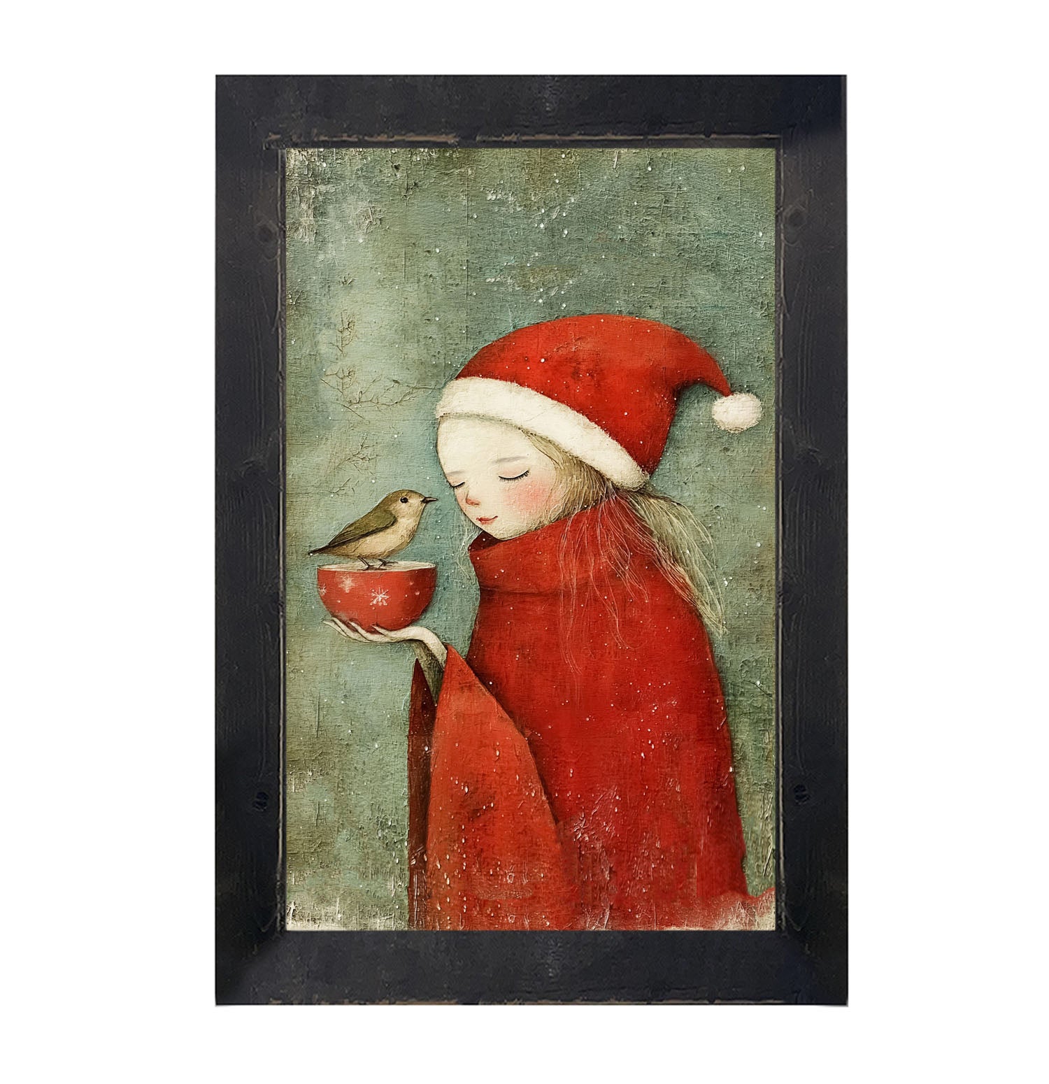 Rustic Christmas girl and bird - Framed Art
