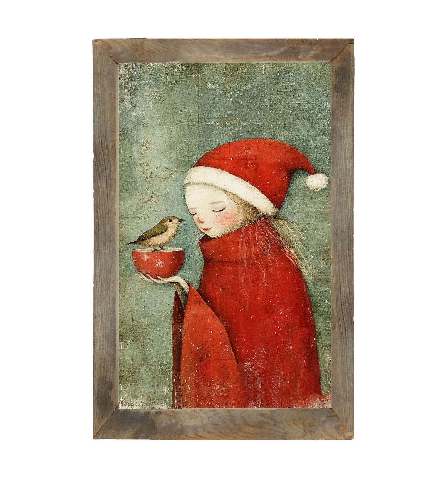 Rustic Christmas girl and bird - Framed Art