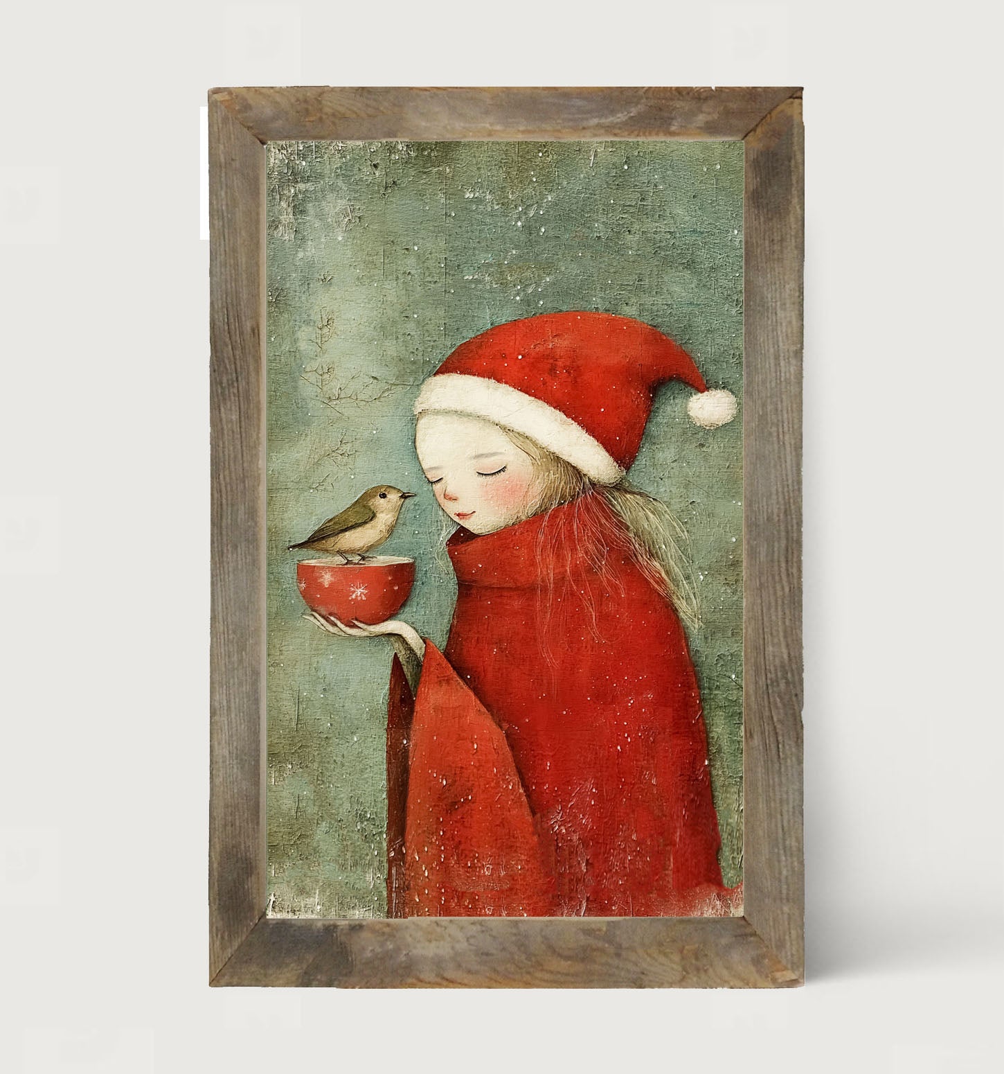 Rustic Christmas girl and bird - Framed Art