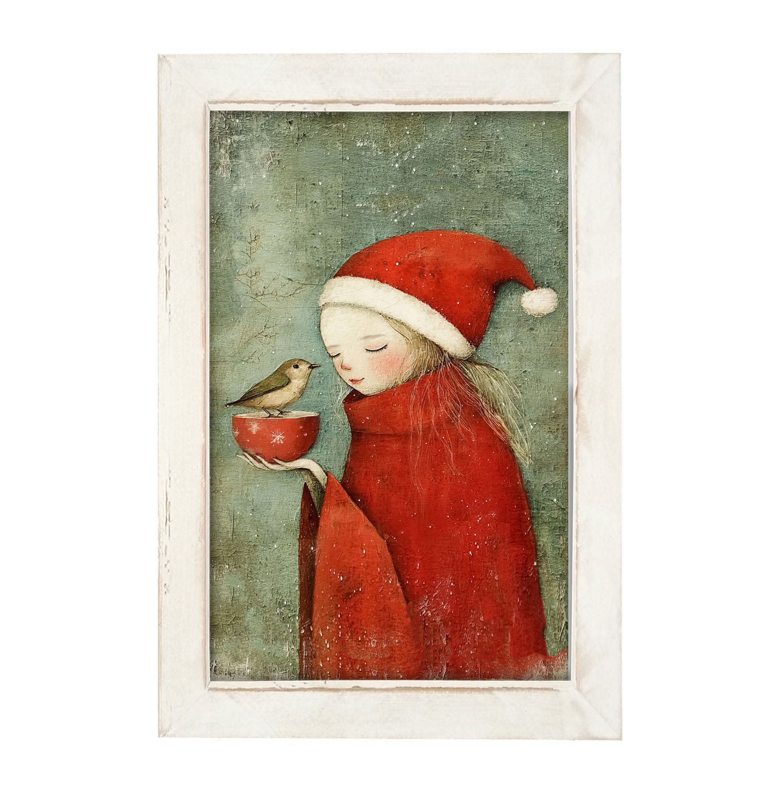 Rustic Christmas girl and bird - Framed Art