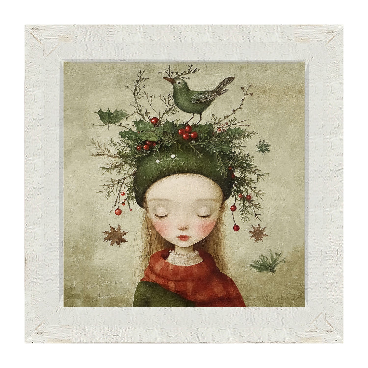Green Christmas Girl with Bird - Framed Art