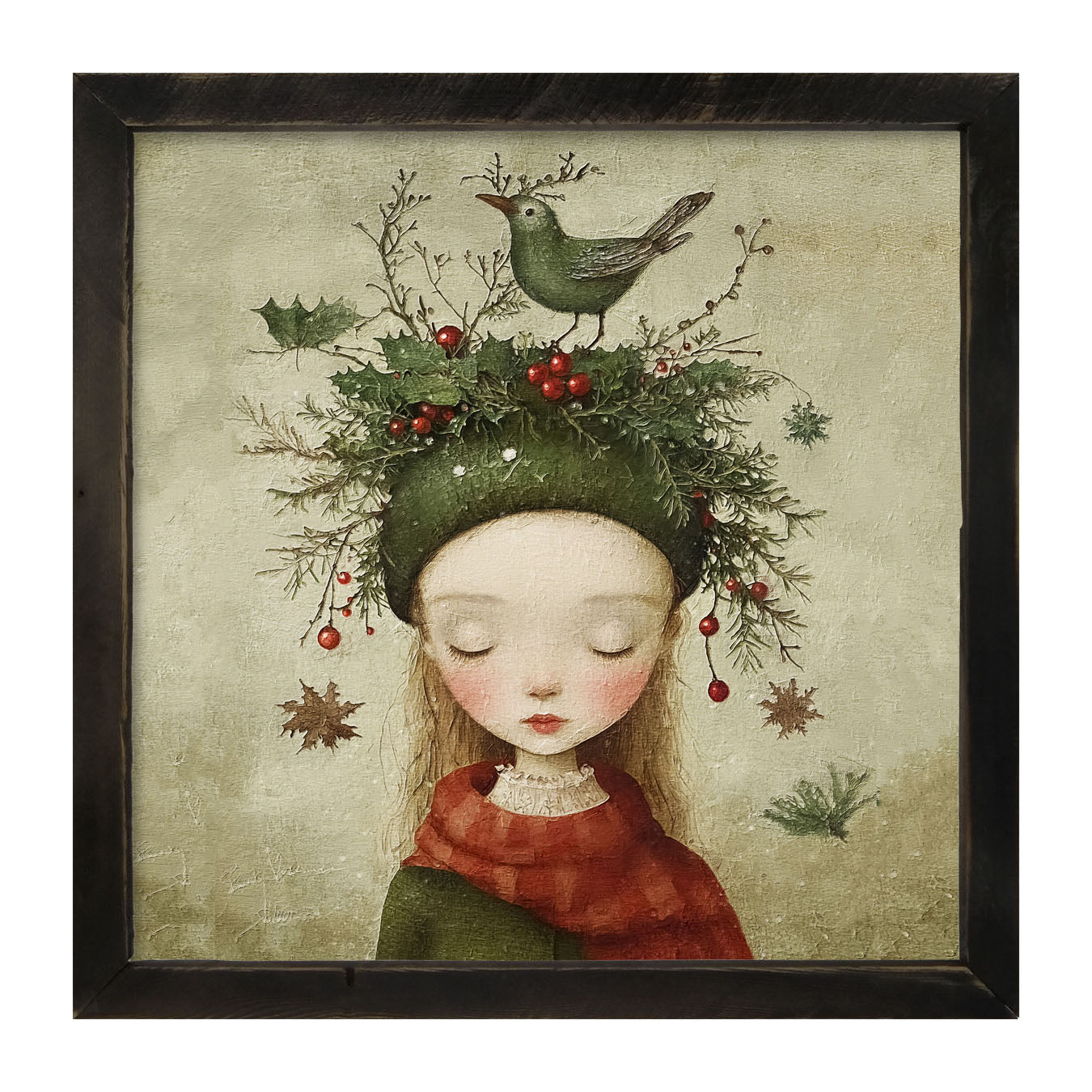 Green Christmas Girl with Bird - Framed Art
