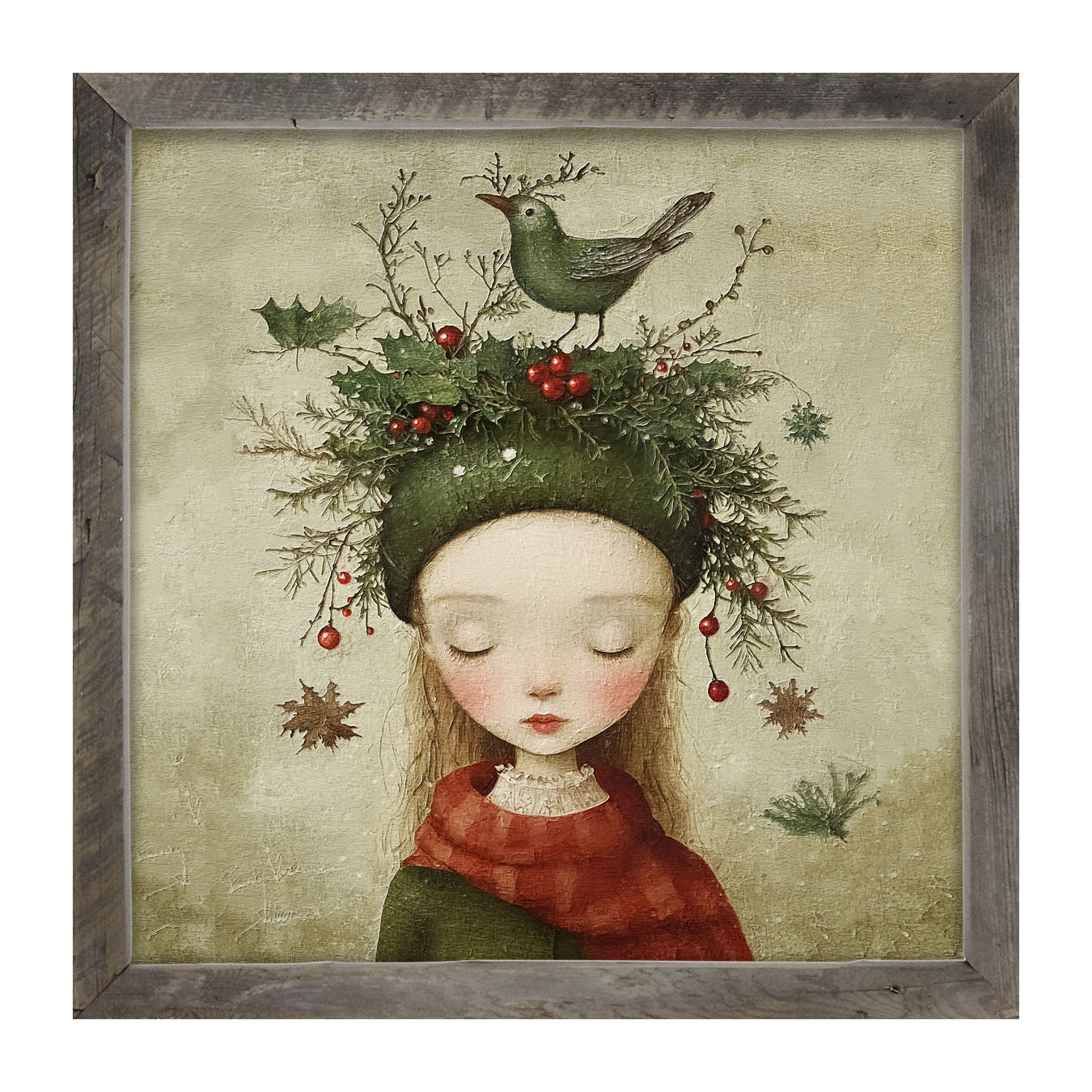 Green Christmas Girl with Bird - Framed Art