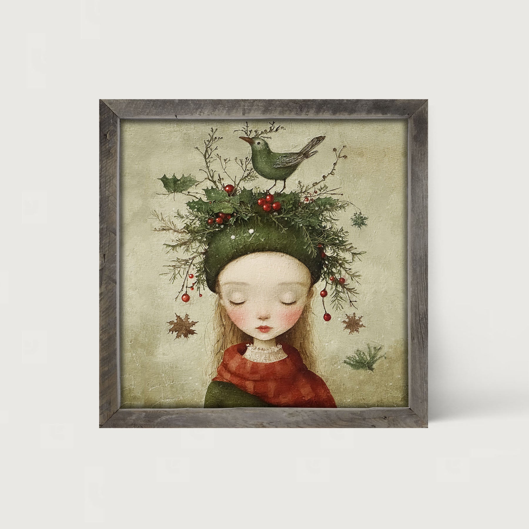 Green Christmas Girl with Bird - Framed Art