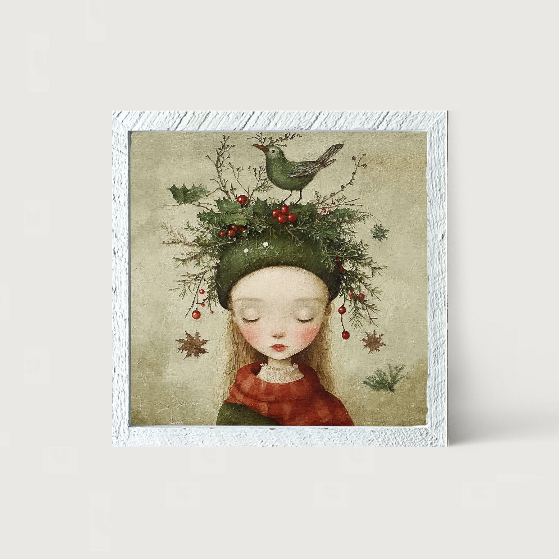 Green Christmas Girl with Bird - Framed Art