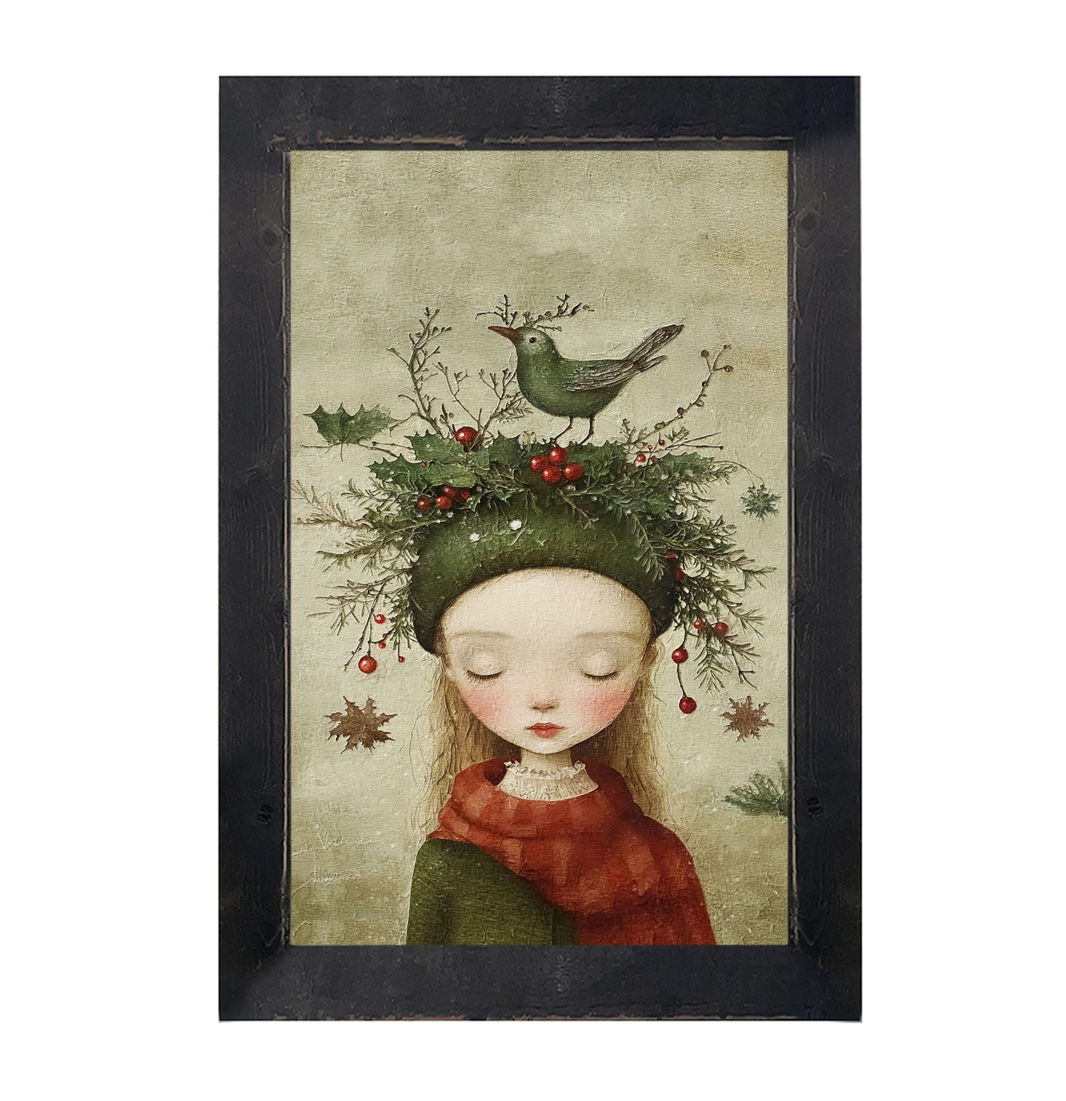 Green Christmas Girl with Bird - Framed Art