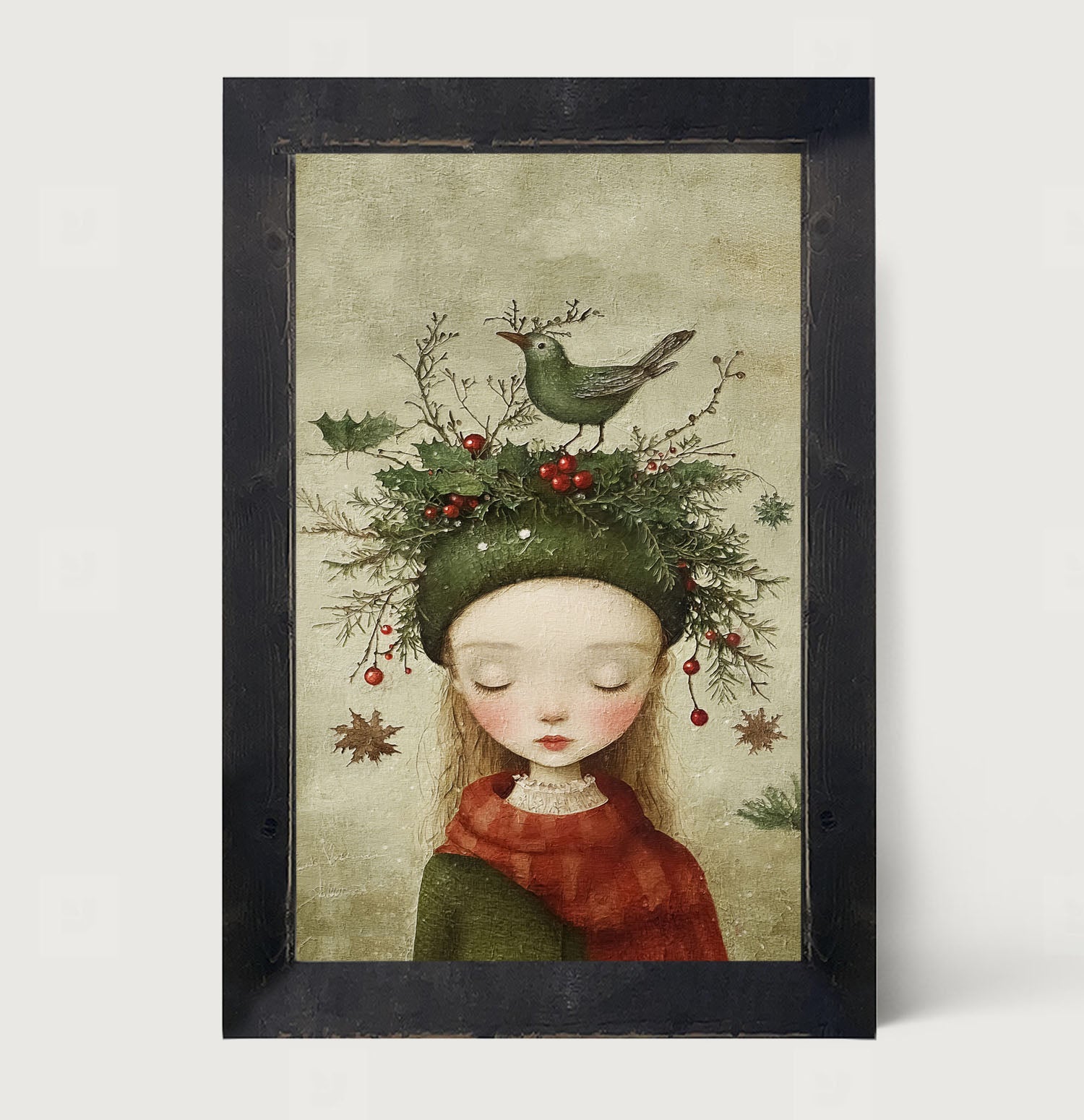 Green Christmas Girl with Bird - Framed Art