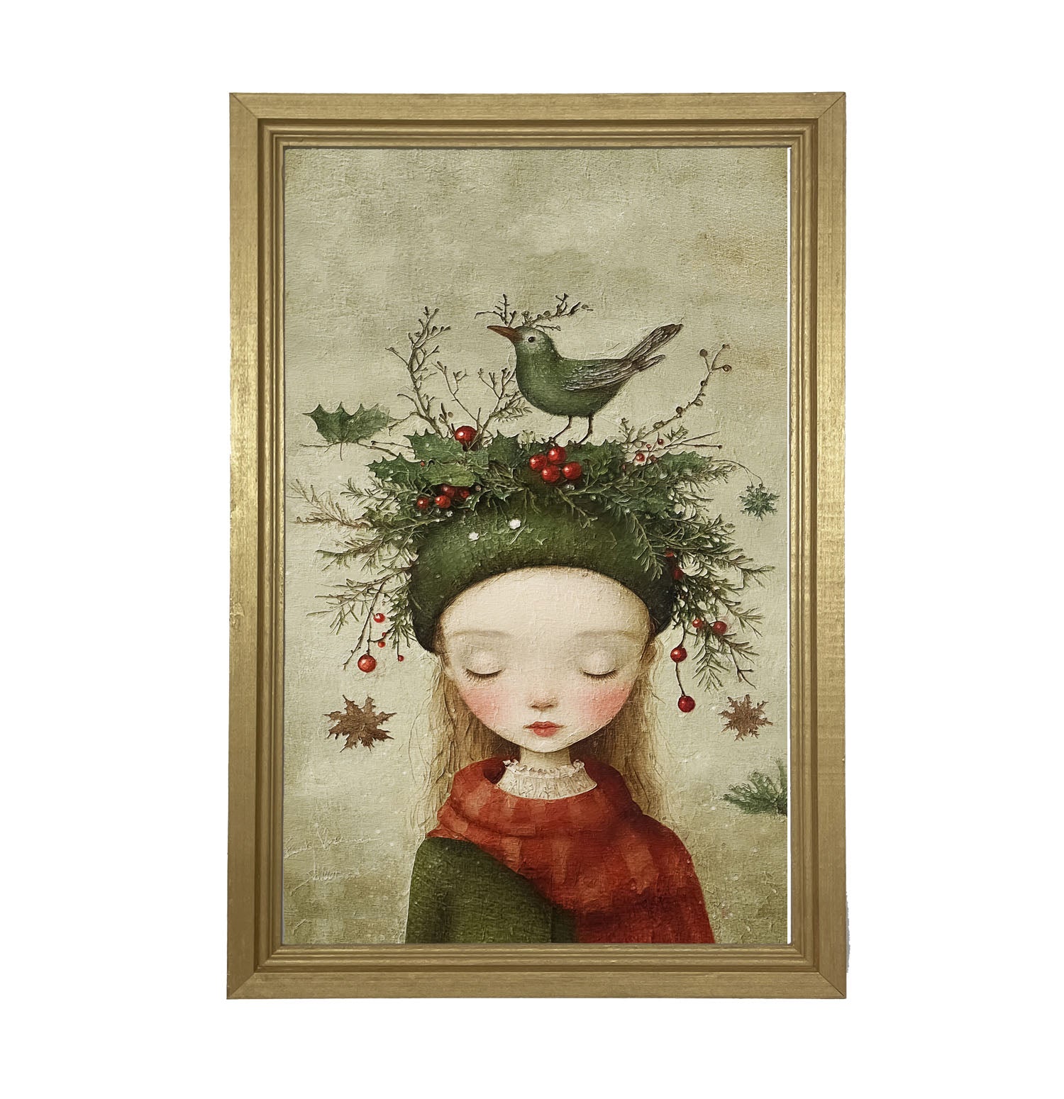 Green Christmas Girl with Bird - Framed Art