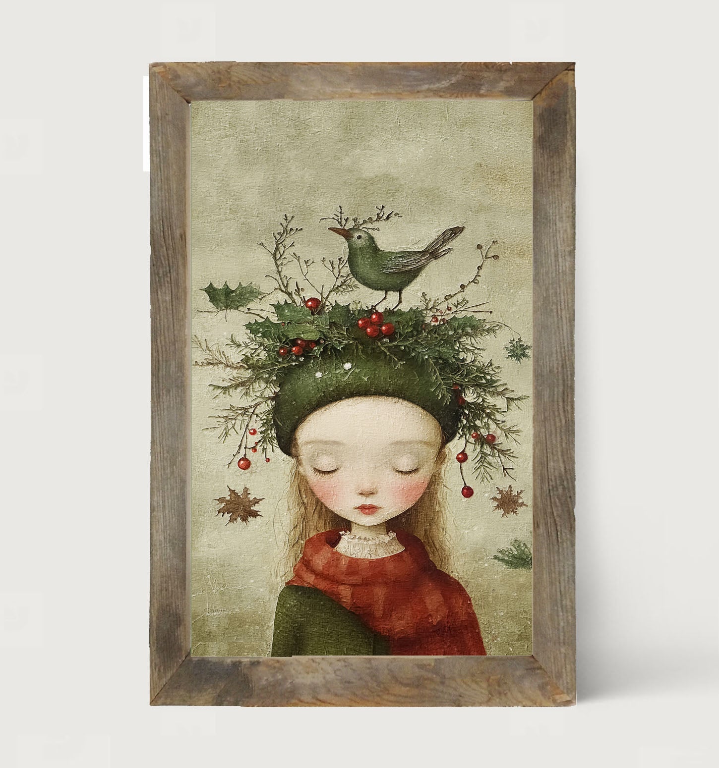 Green Christmas Girl with Bird