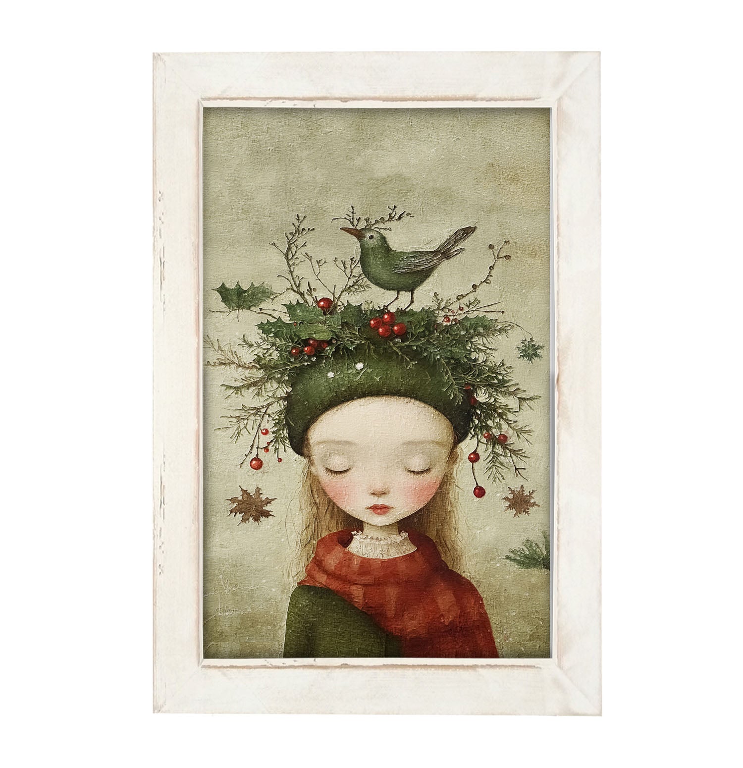 Green Christmas Girl with Bird - Framed Art