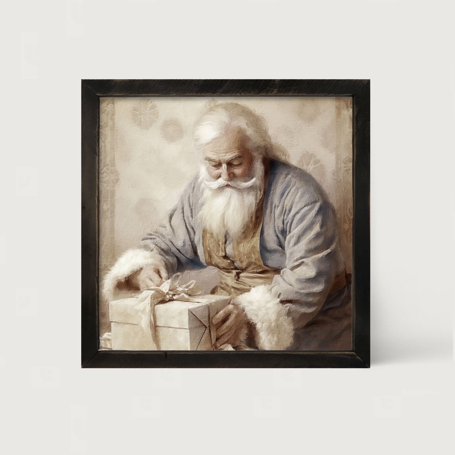 Santa wrapping a present