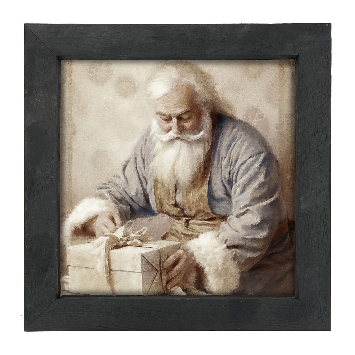 Santa Tying a Bow on a Present - Framed art
