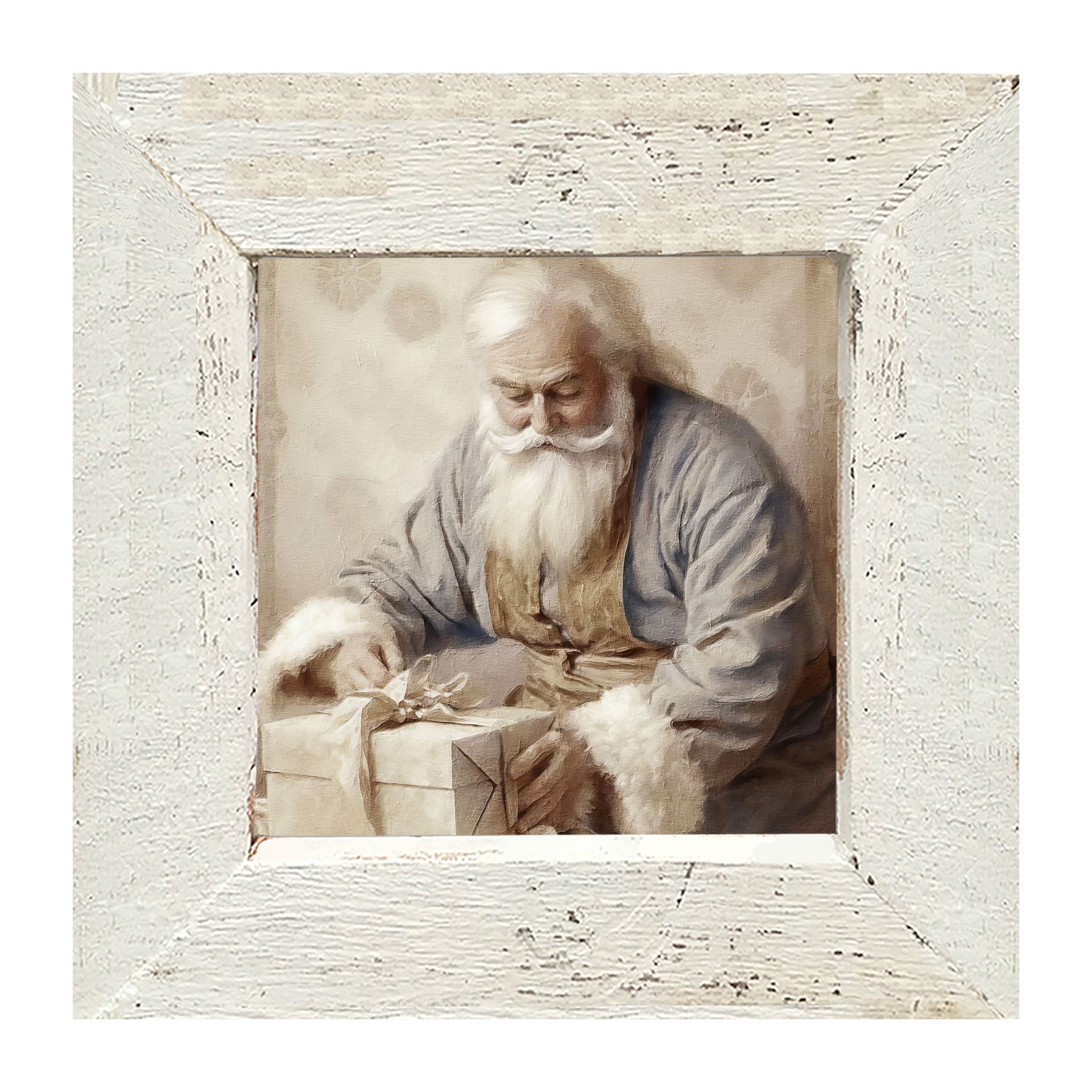 Santa Tying a Bow on a Present - Framed art