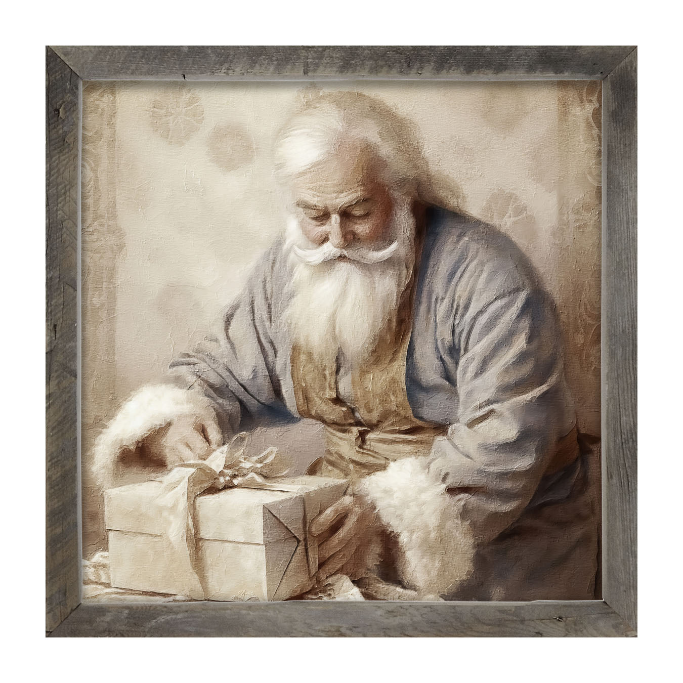 Santa Tying a Bow on a Present - Framed art
