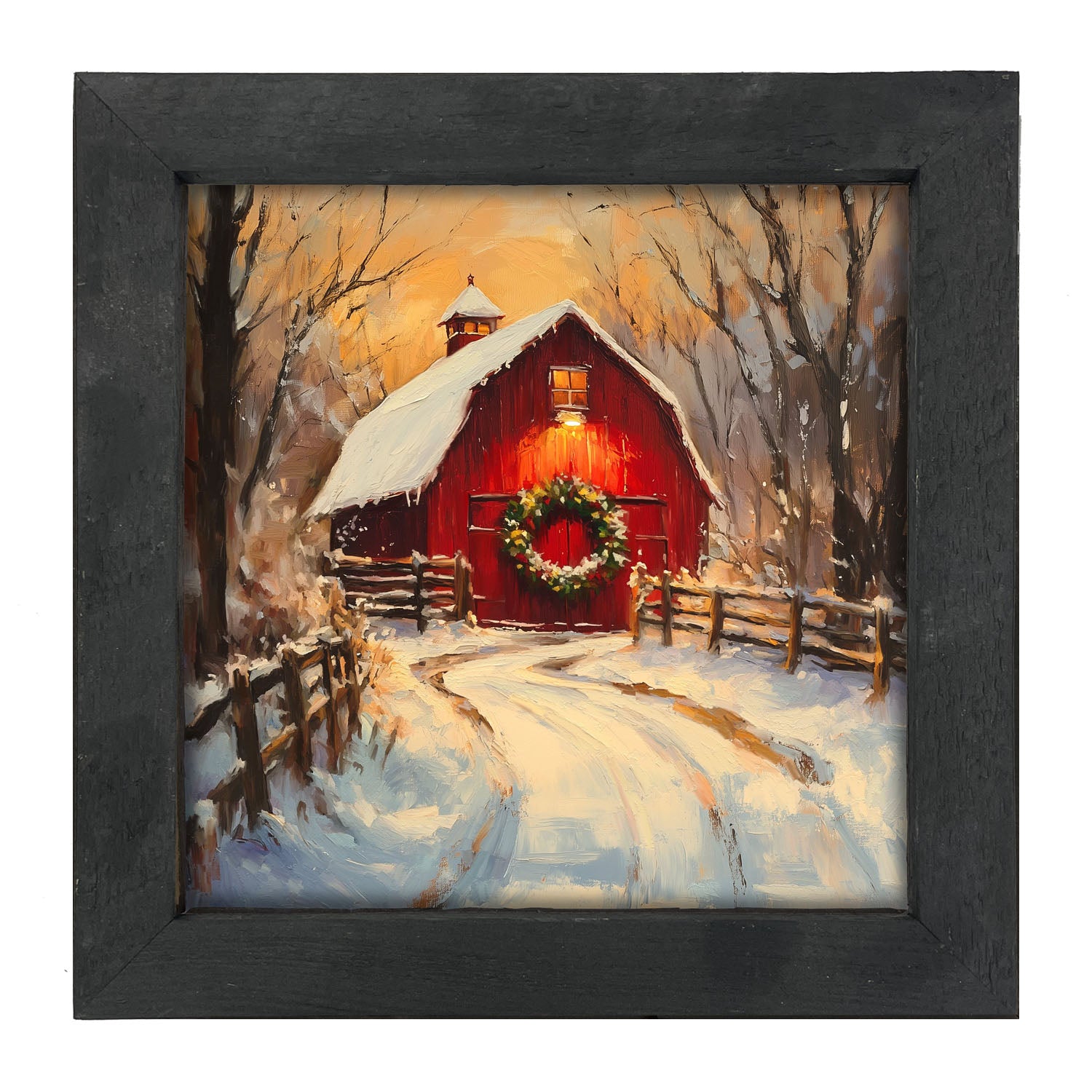 Red Barn at Christmas - Framed art