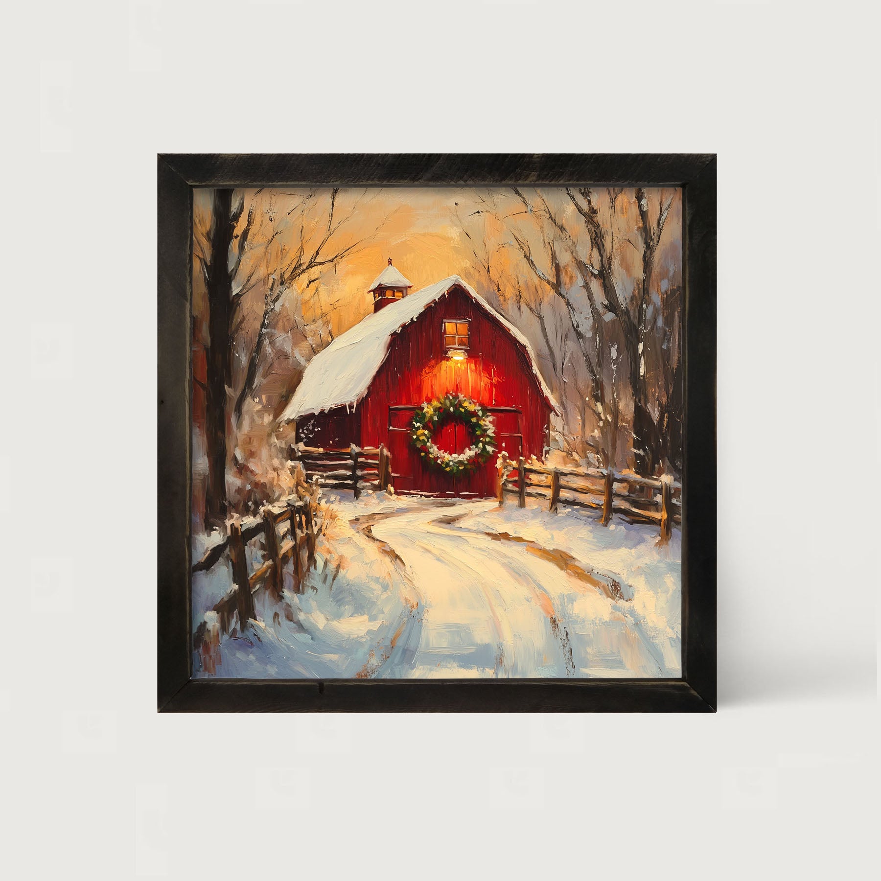 Red Barn at Christmas - Framed art