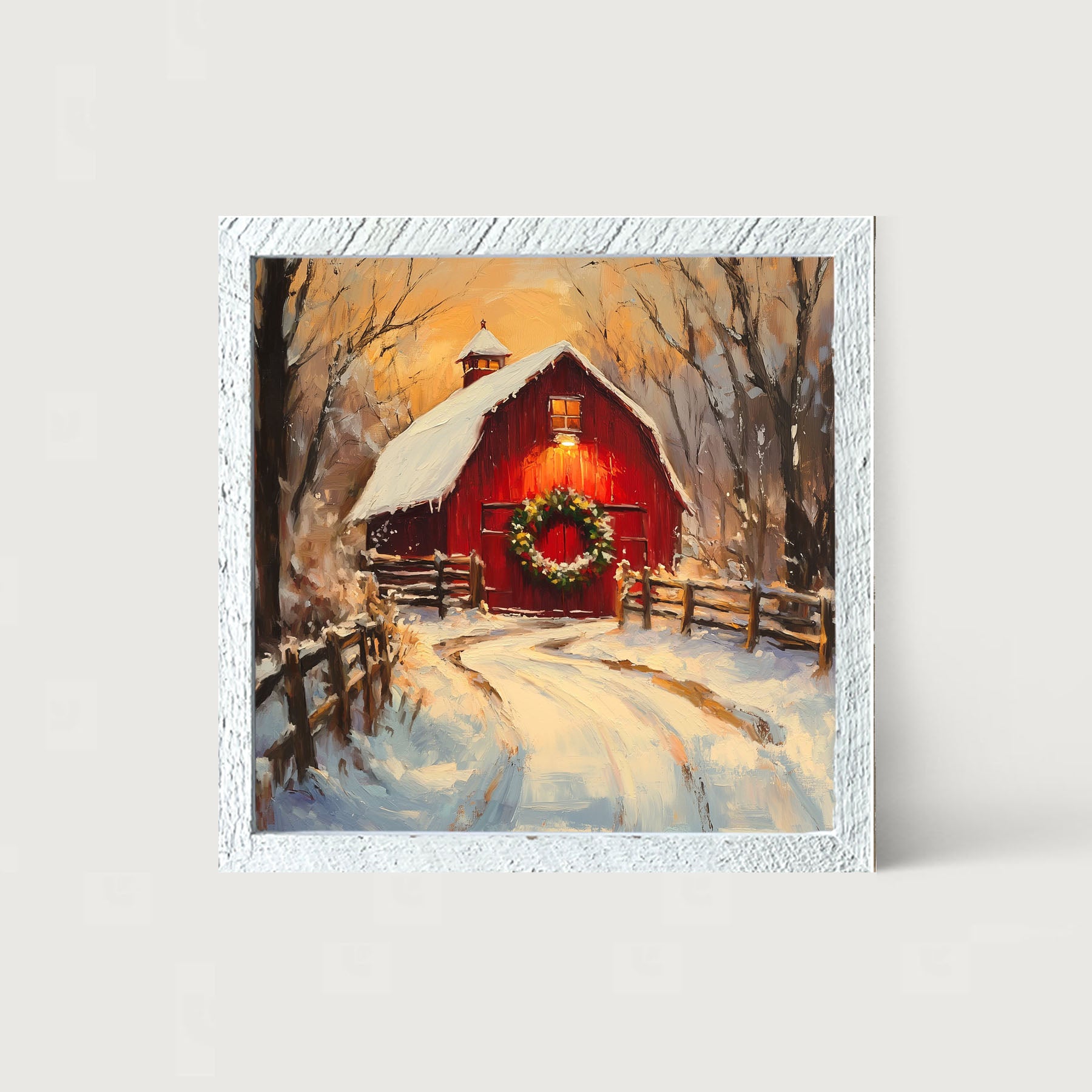 Red Barn at Christmas - Framed art