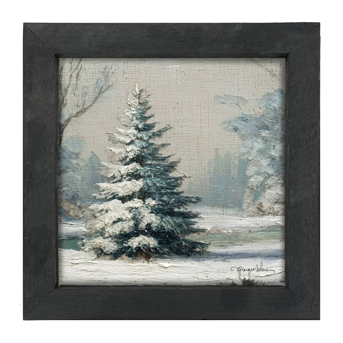 Snowy Pine near Pond - Framed Art