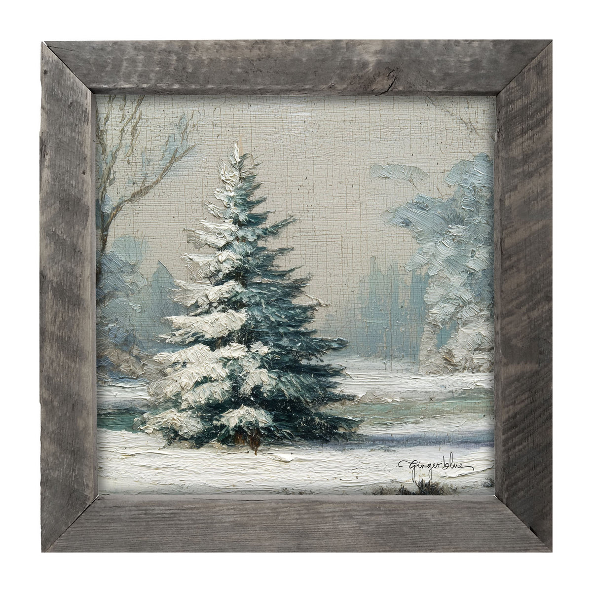 Snowy Pine near Pond - Framed Art