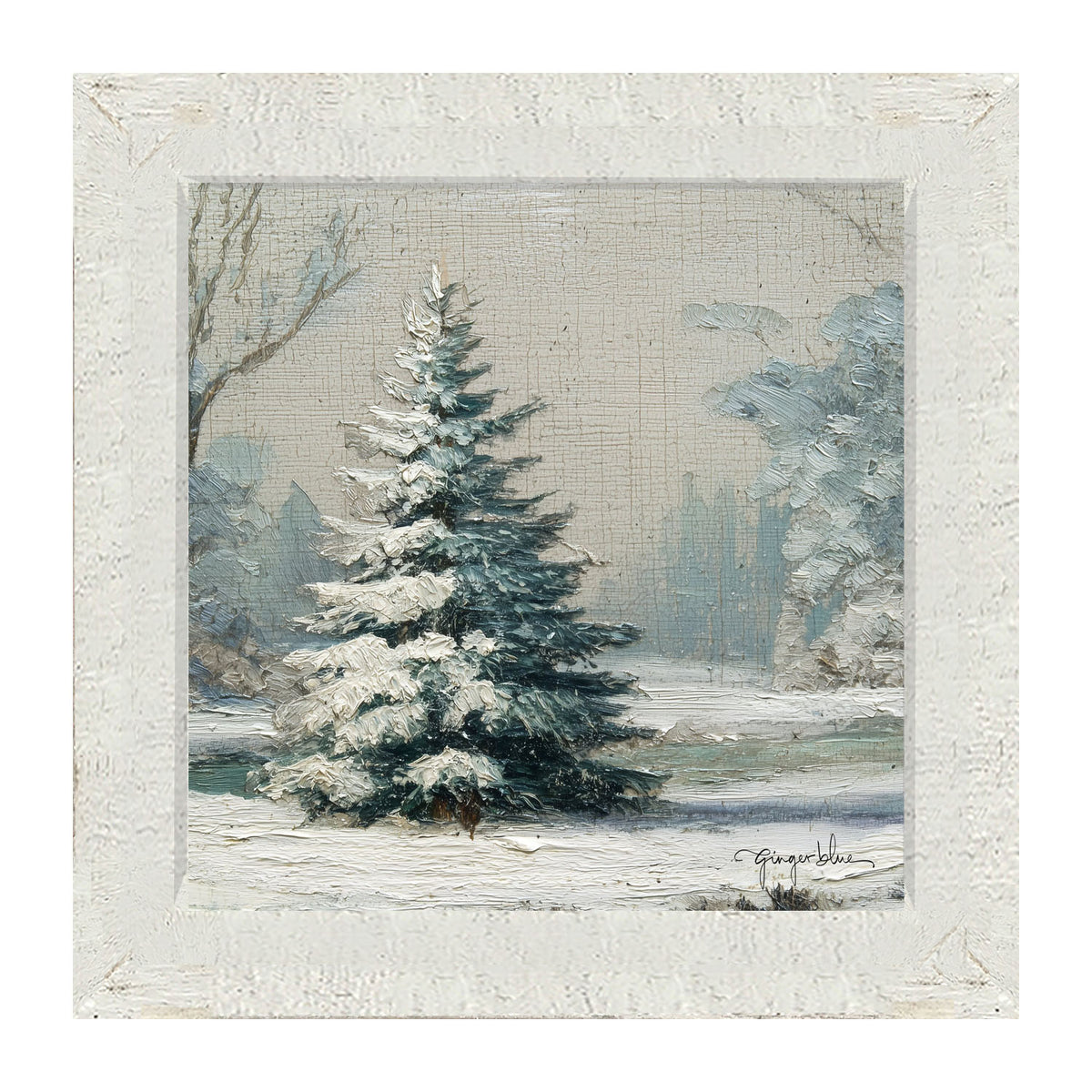 Snowy Pine near Pond - Framed Art