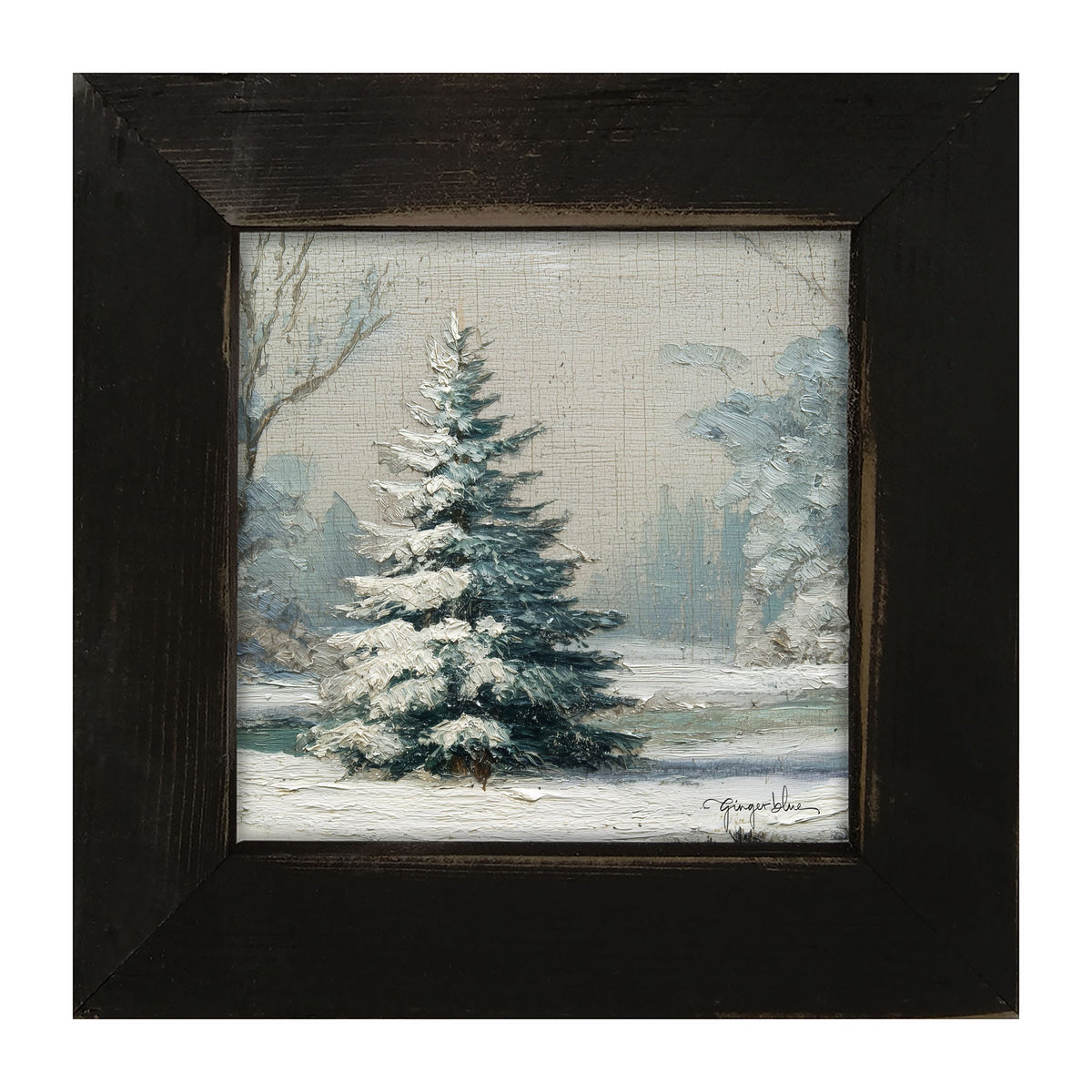 Snowy Pine near Pond - Framed Art