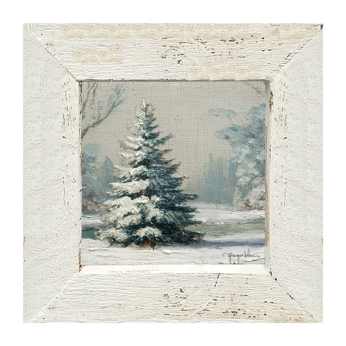Snowy Pine near Pond - Framed Art