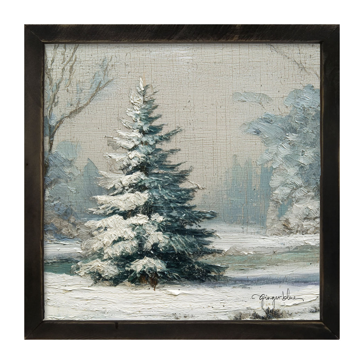 Snowy Pine near Pond - Framed Art