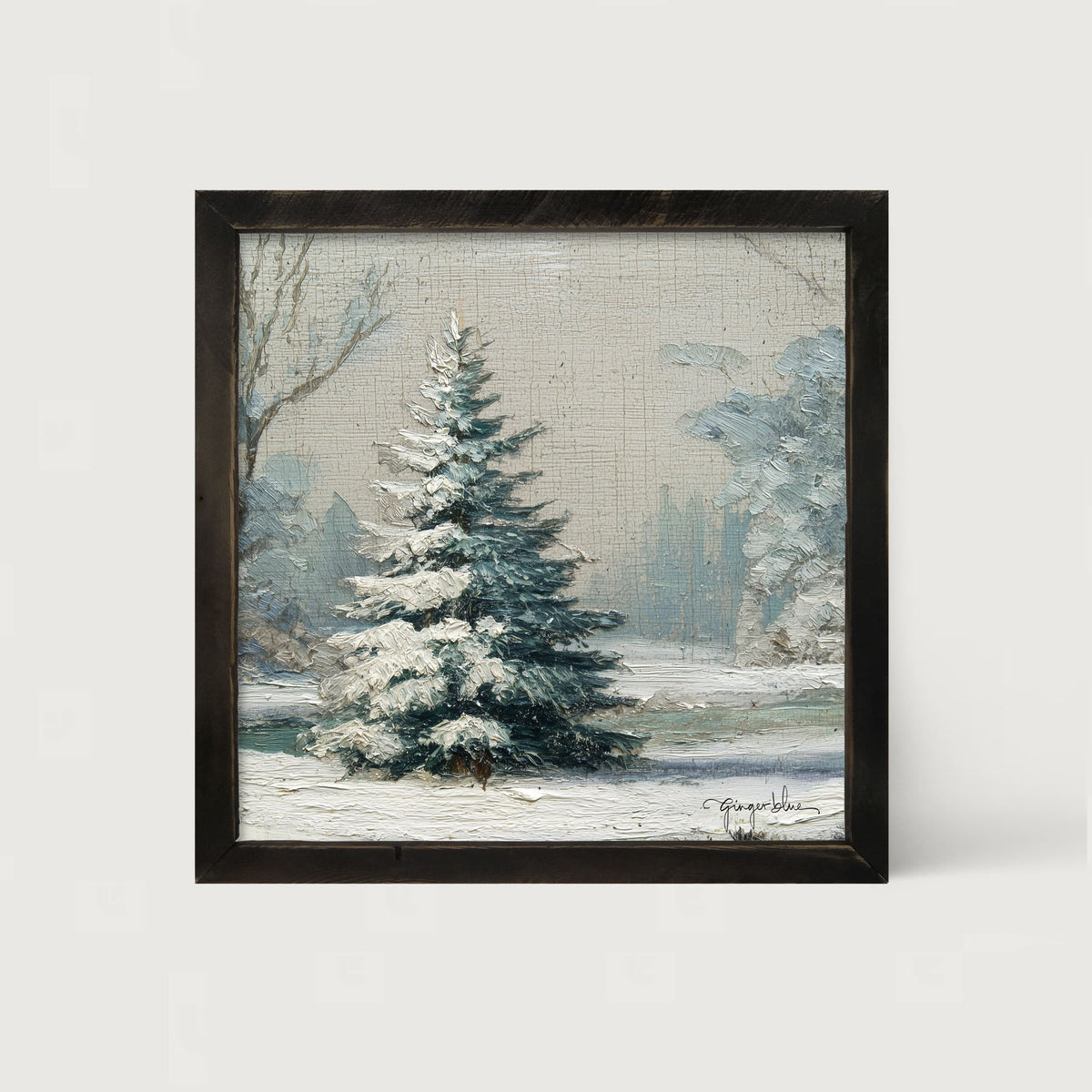 Snowy Pine near Pond - Framed Art