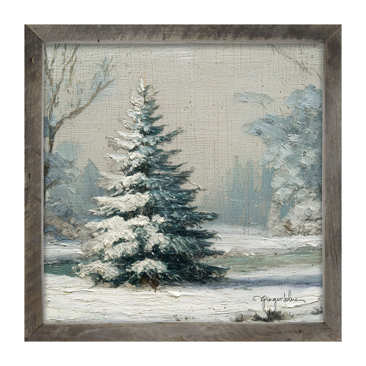 Snowy Pine near Pond - Framed Art