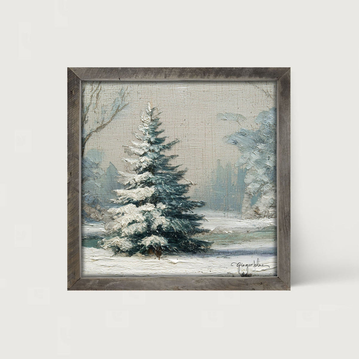 Snowy Pine near Pond - Framed Art