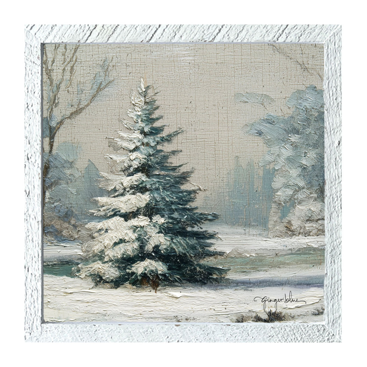 Snowy Pine near Pond - Framed Art
