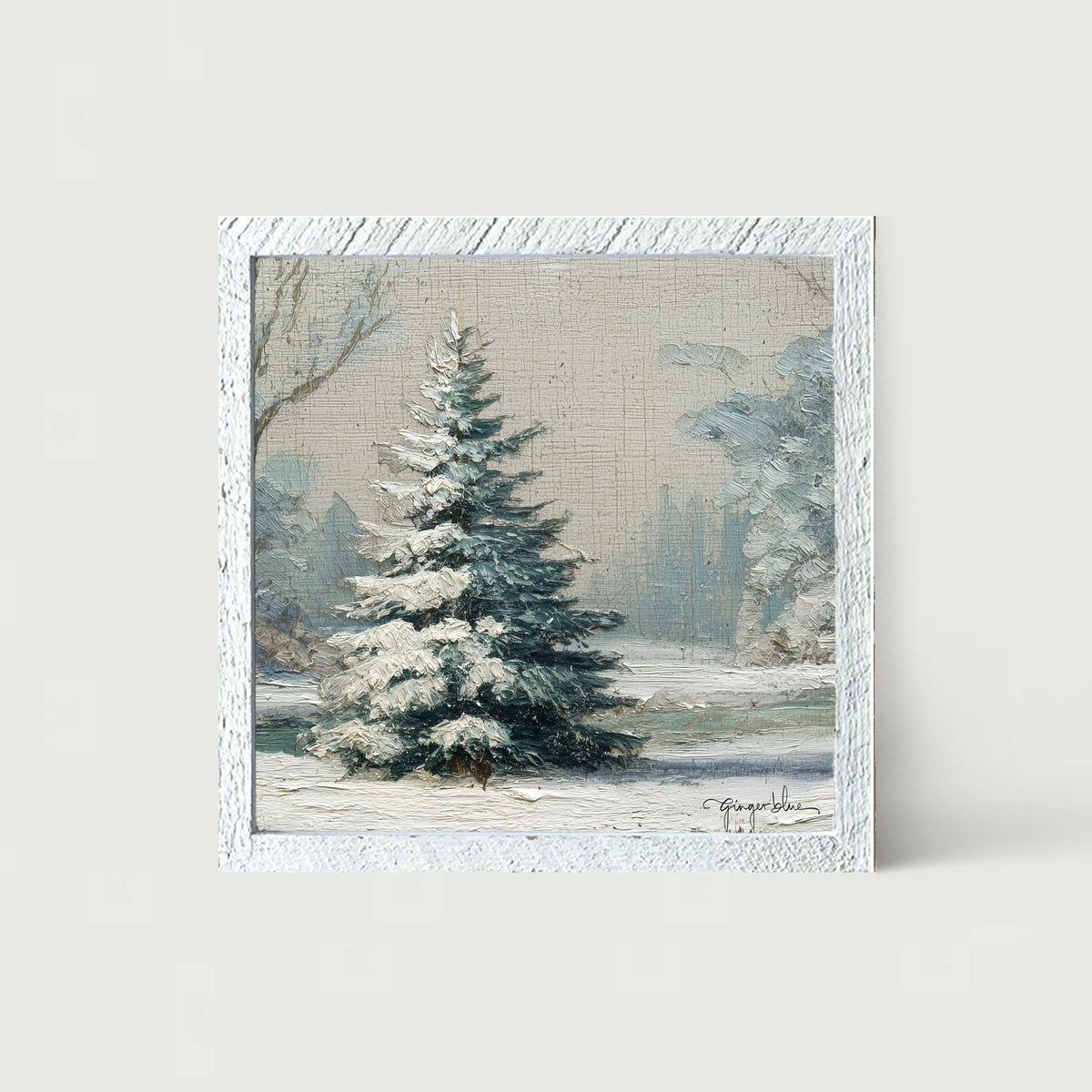 Snowy Pine near Pond - Framed Art