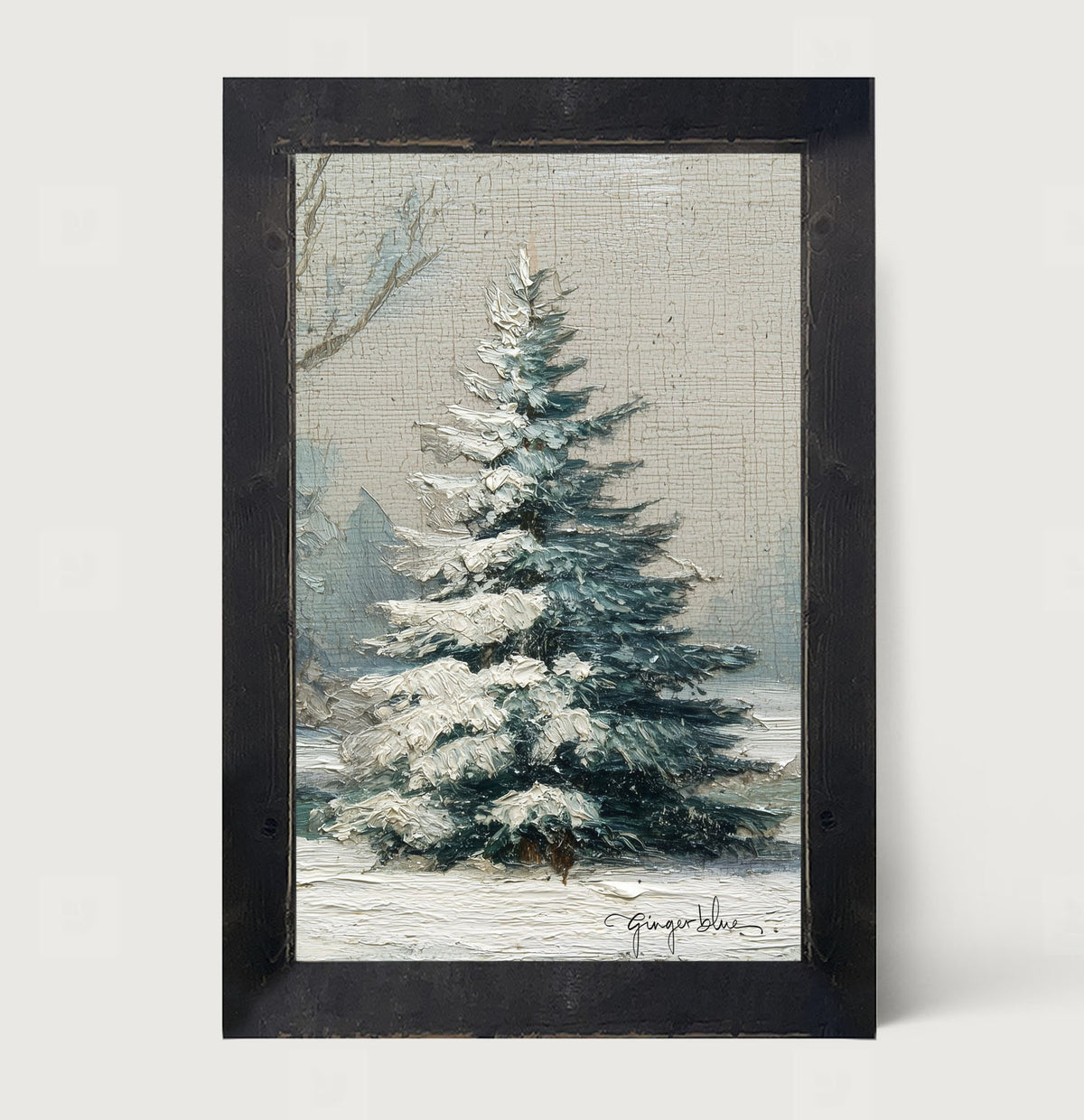 Snowy Pine near Pond - Framed Art