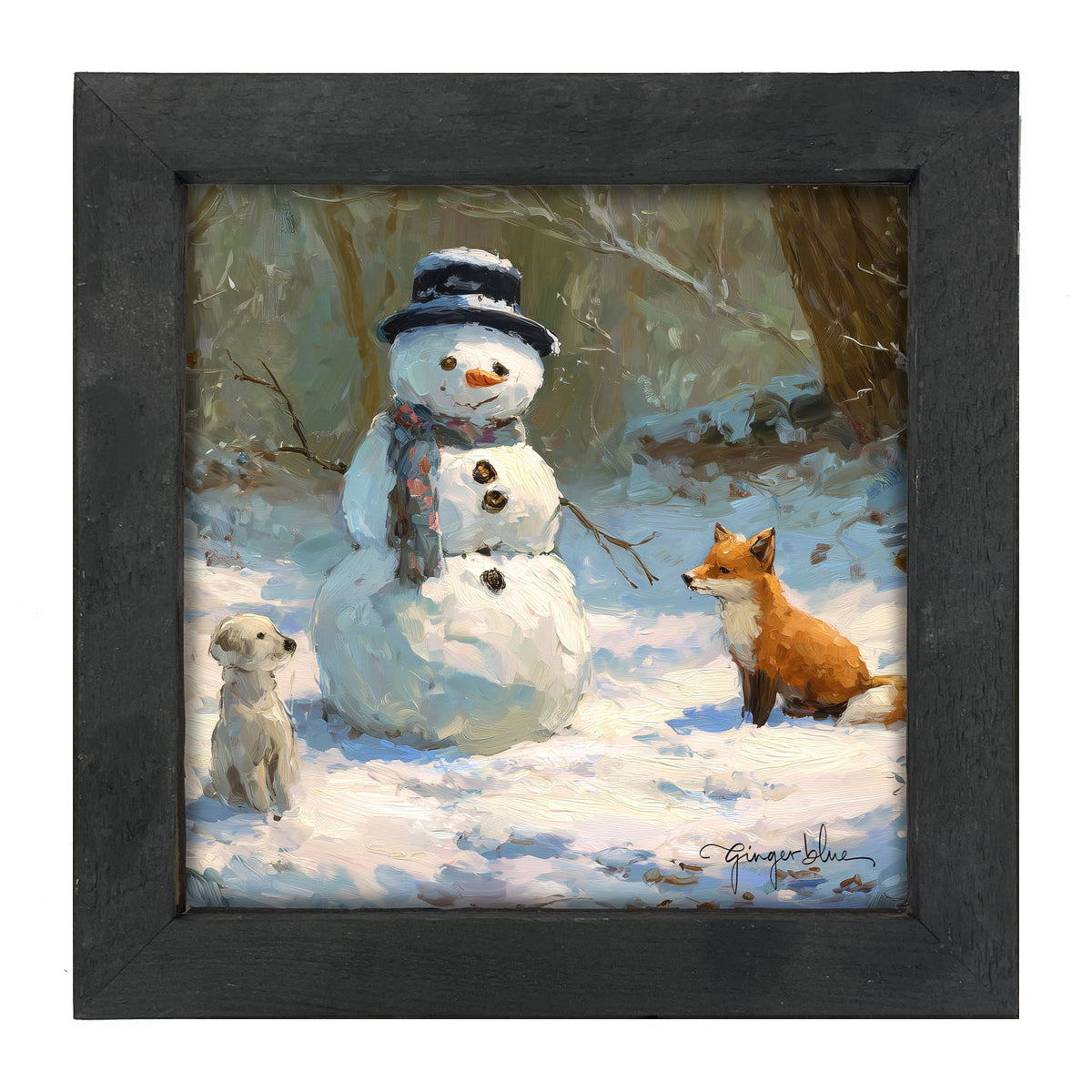 Snowman with Dog and Fox - Framed Art