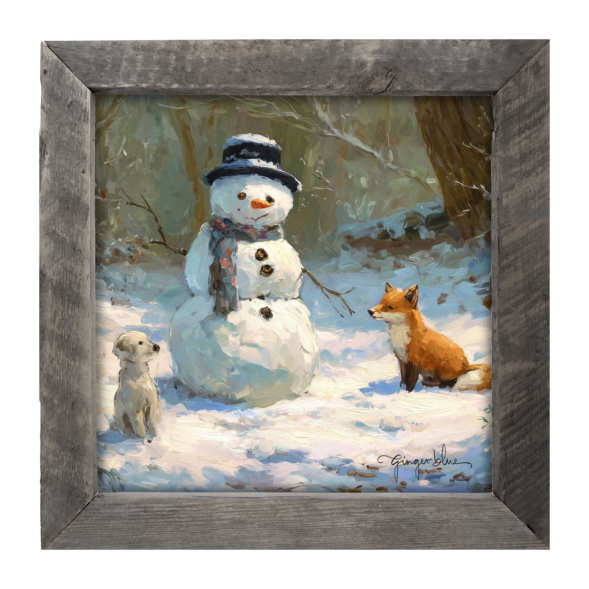 Snowman with Dog and Fox - Framed Art