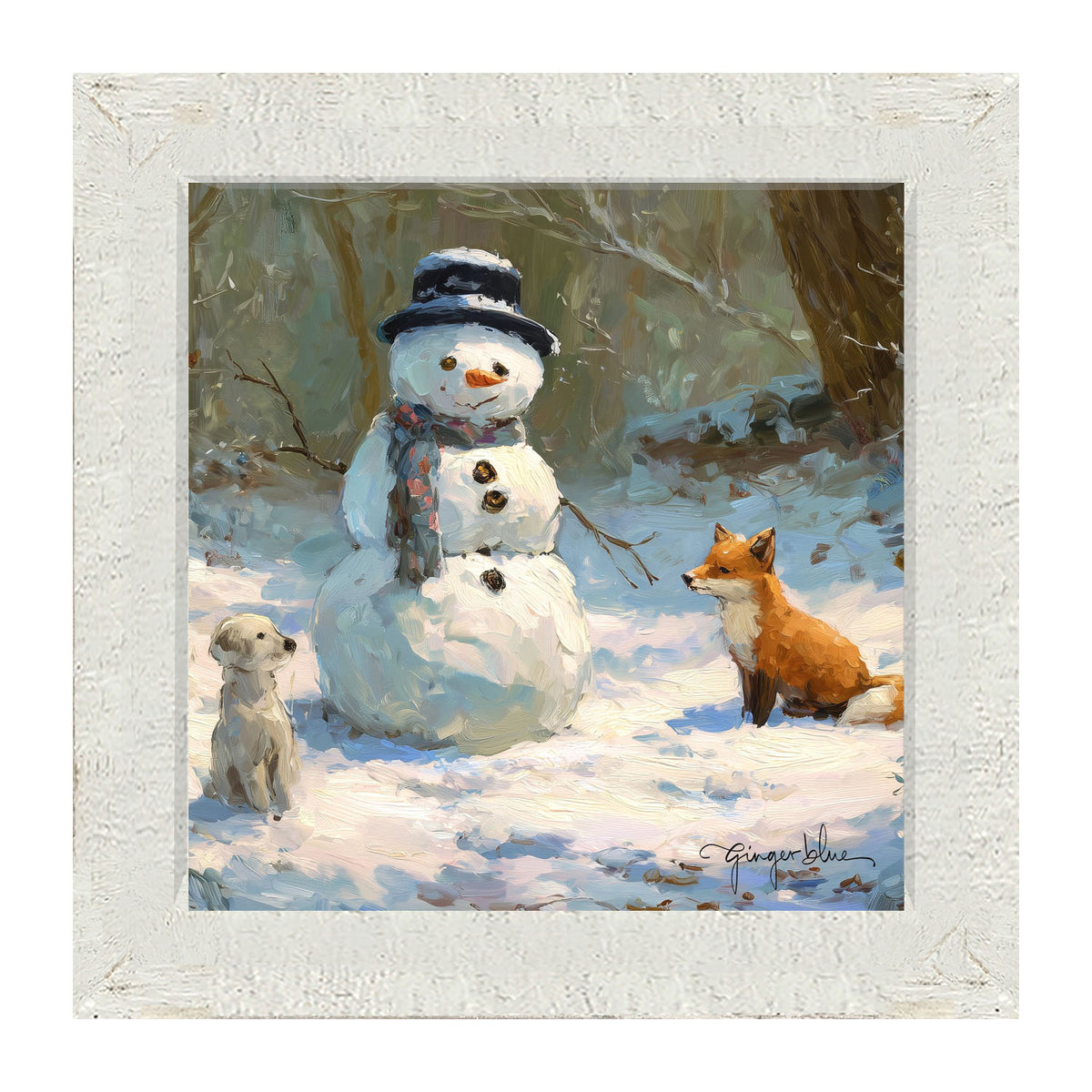 Snowman with Dog and Fox - Framed Art