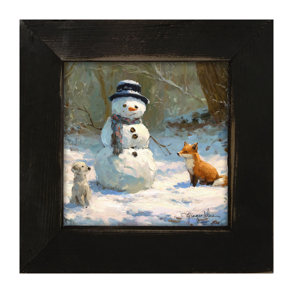 Snowman with Dog and Fox - Framed Art