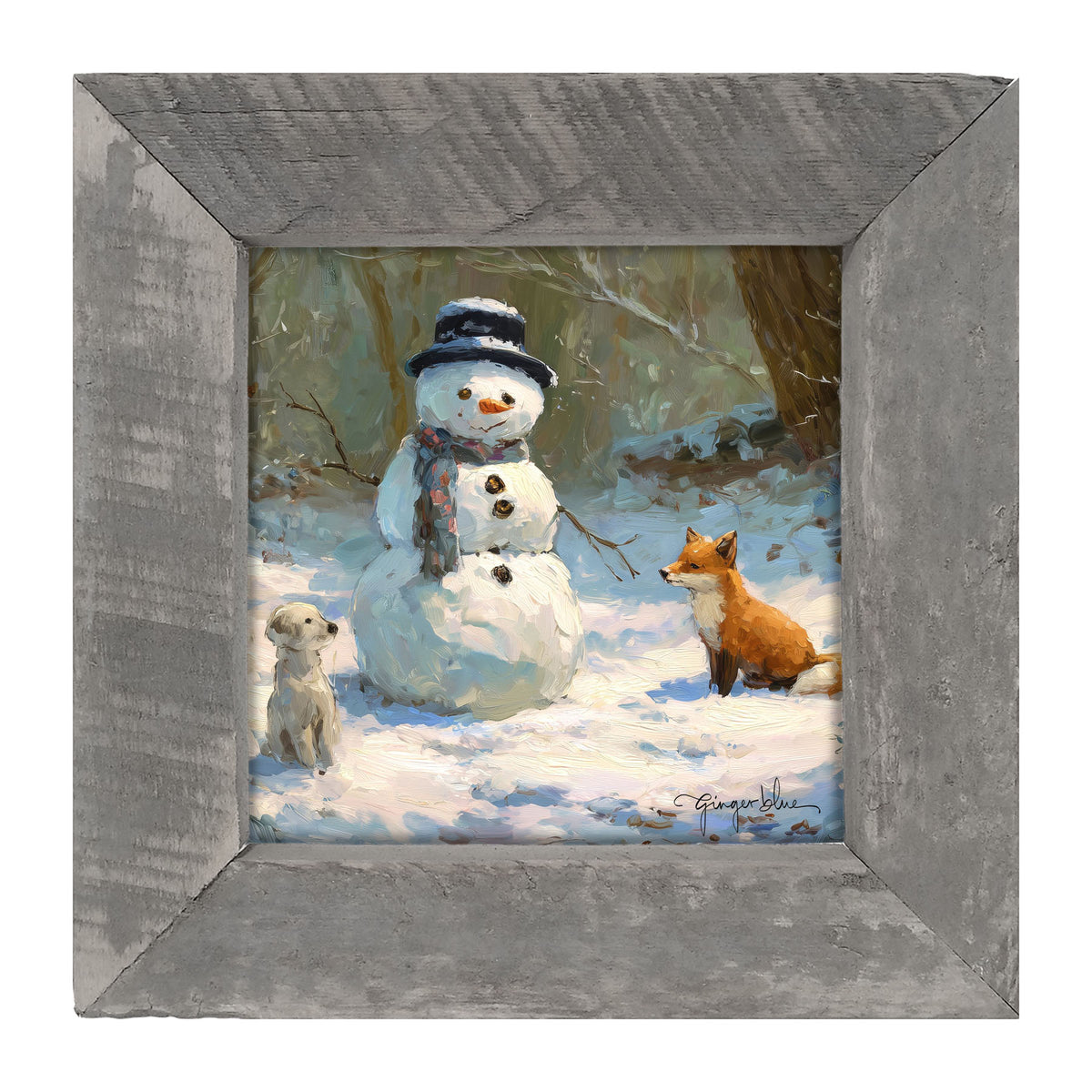 Snowman with Dog and Fox - Framed Art